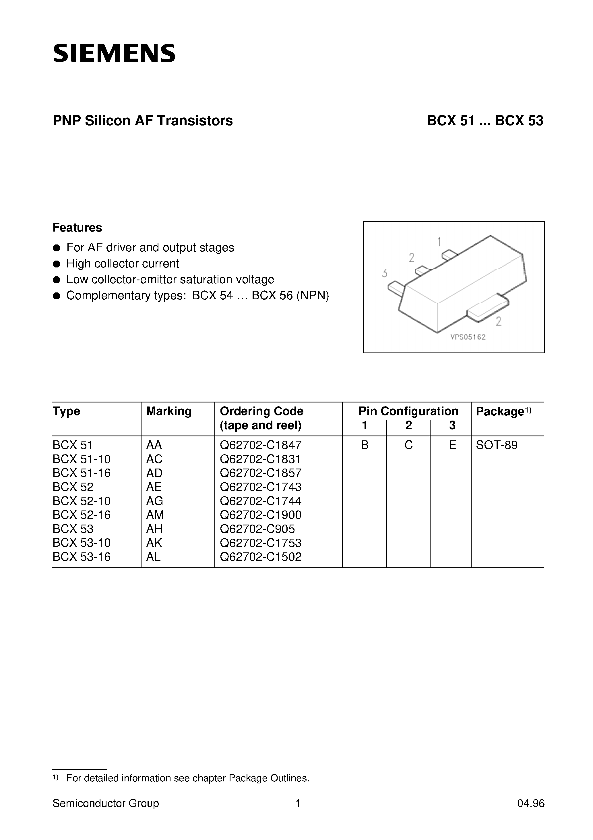 Даташит на микросхему BCX52 страница 1 Даташит BCX52 - PNP Silicon AF Transistors страница 1