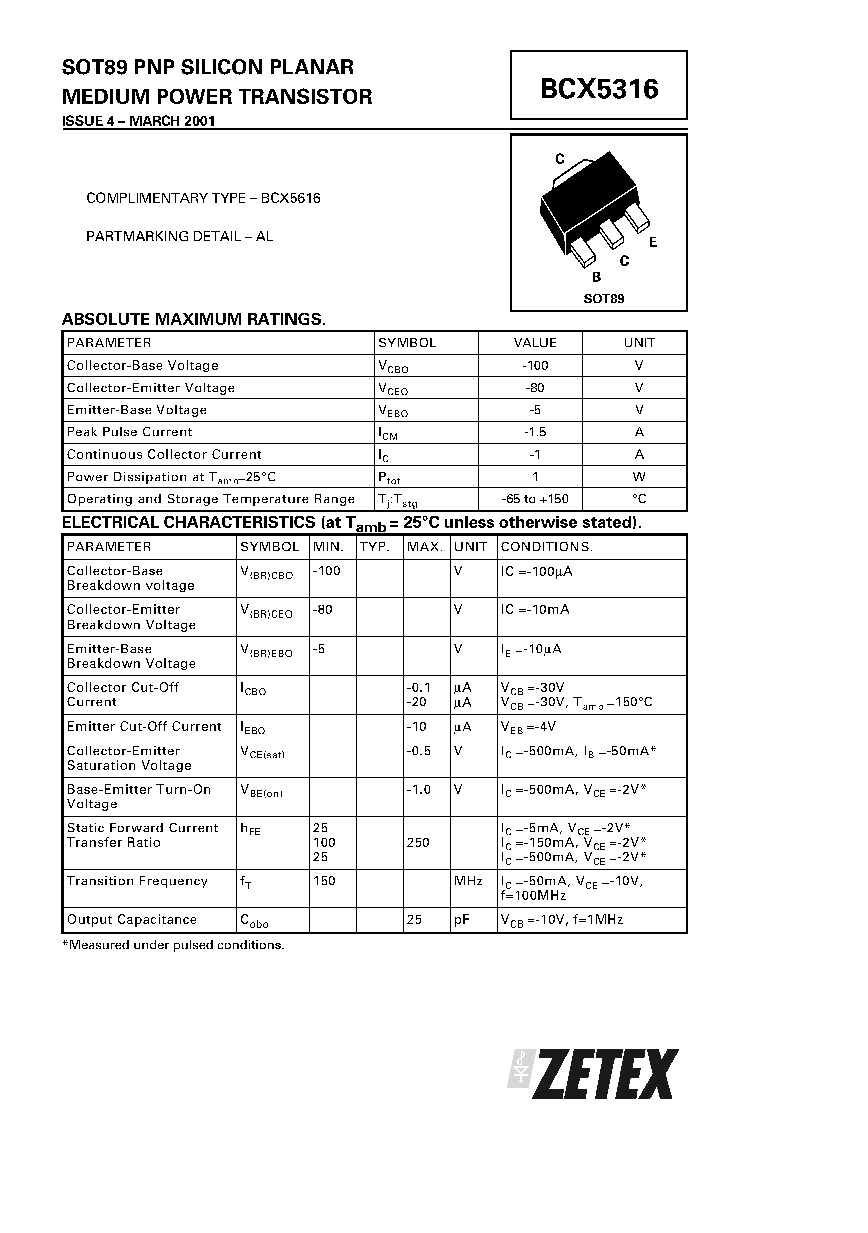 Datasheet BCX5316 - PNP SILICON PLANAR MEDIUM POWER TRANSISTOR page 1