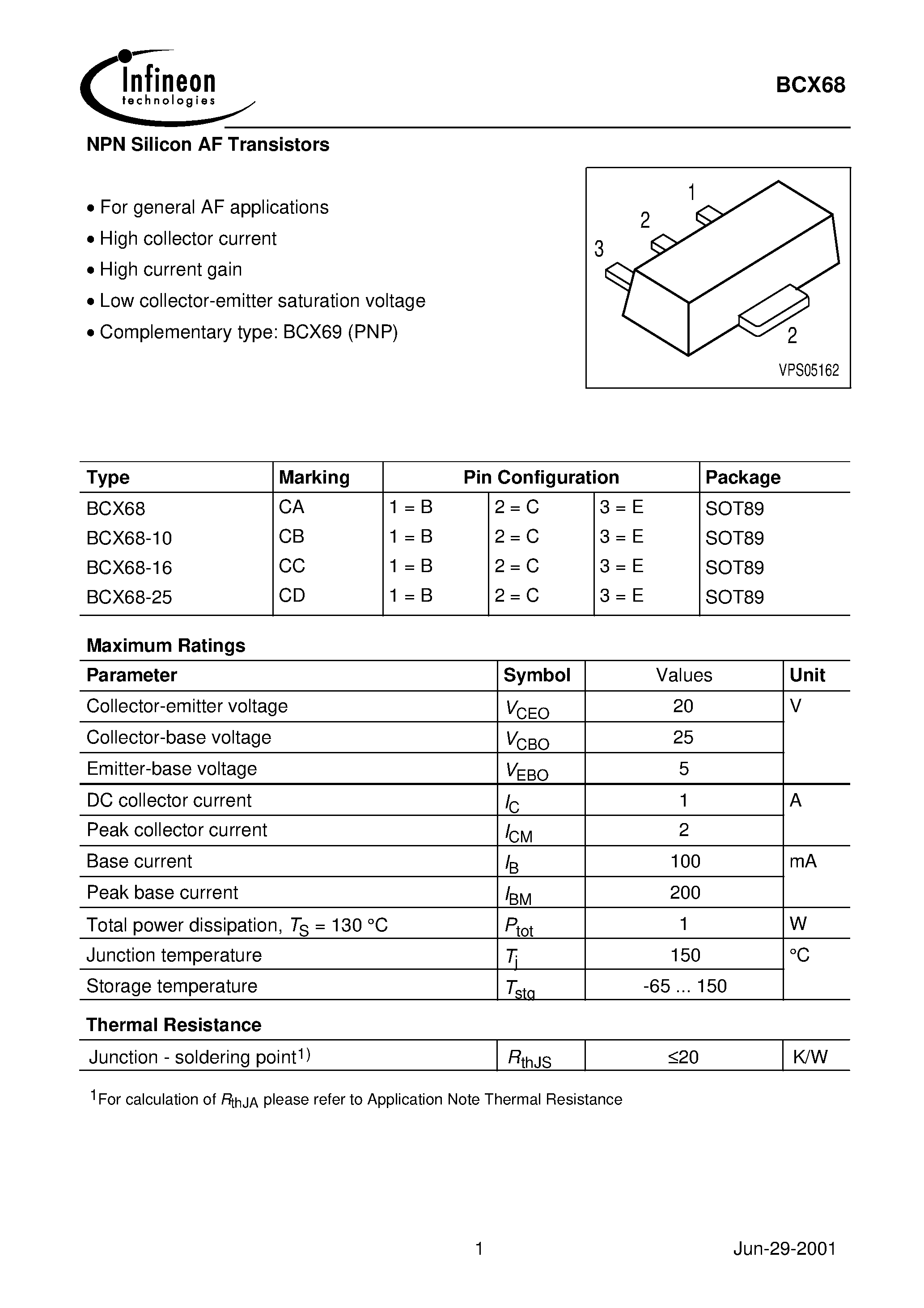 Даташит BCX68-16 - NPN Silicon AF Transistors страница 1