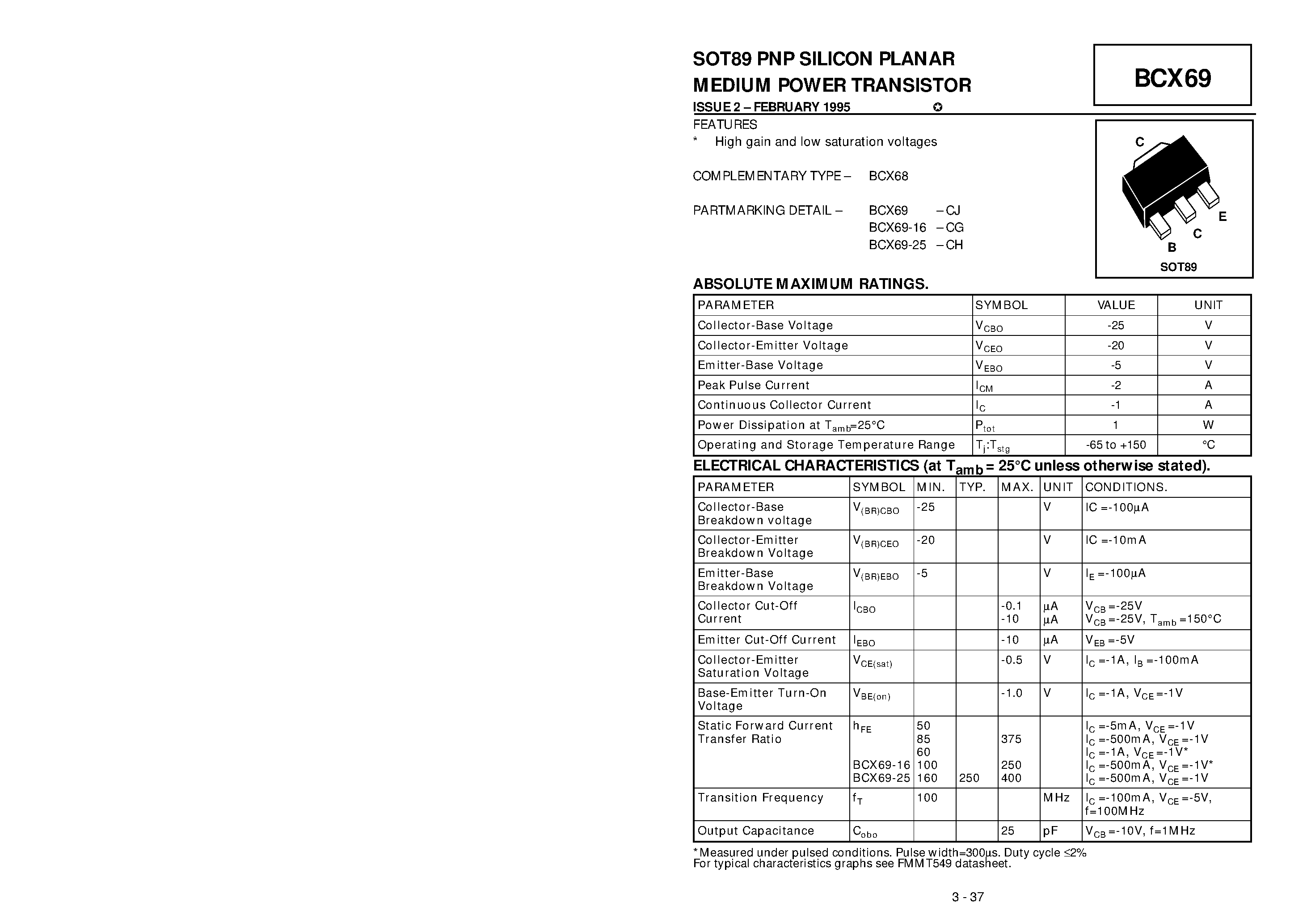 Datasheet BCX69-16 - PNP SILICON PLANAR MEDIUM POWER TRANSISTOR page 1