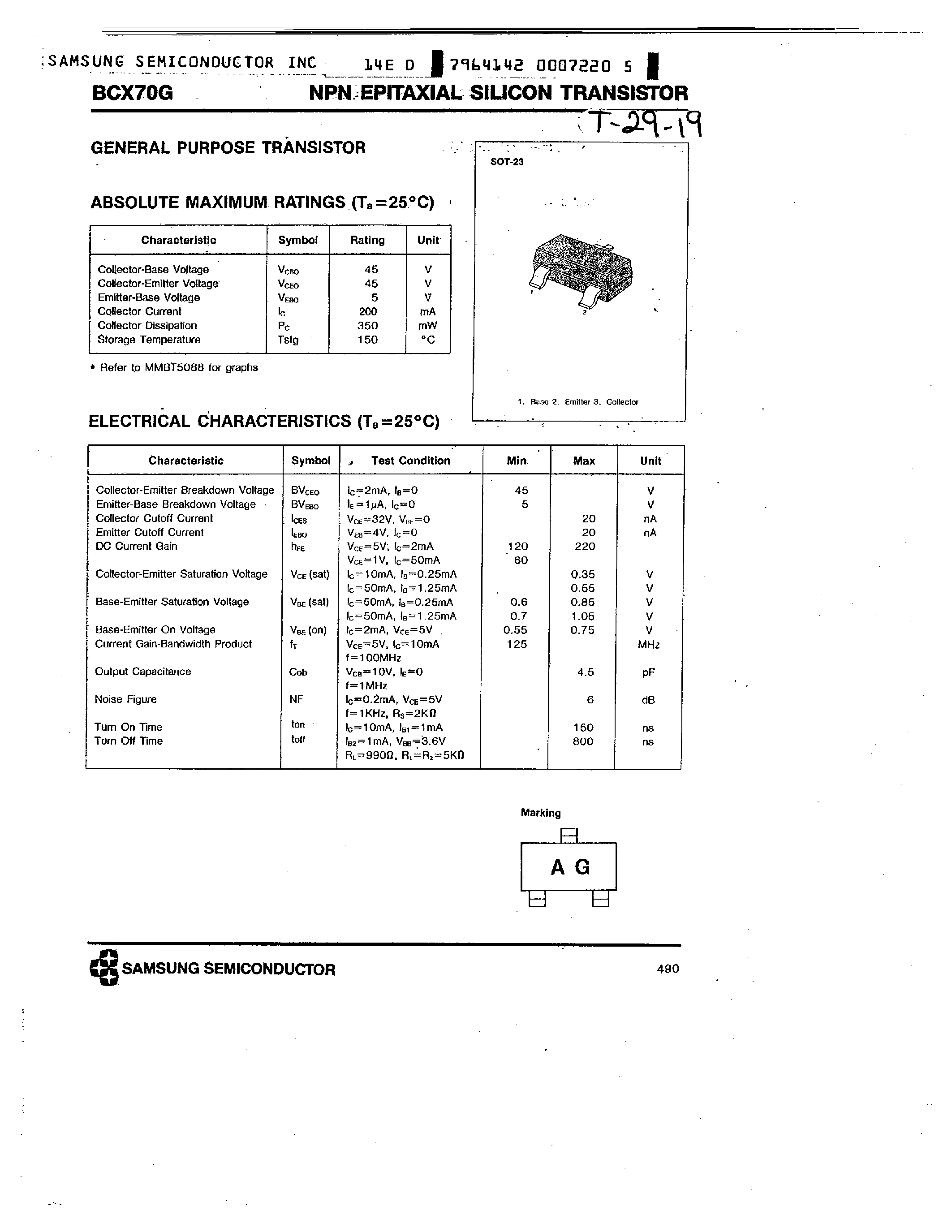 Datasheet BCX70G page 1 Datasheet BCX70G - NPN EPITAXIAL SILICON TRANSISTOR page 1