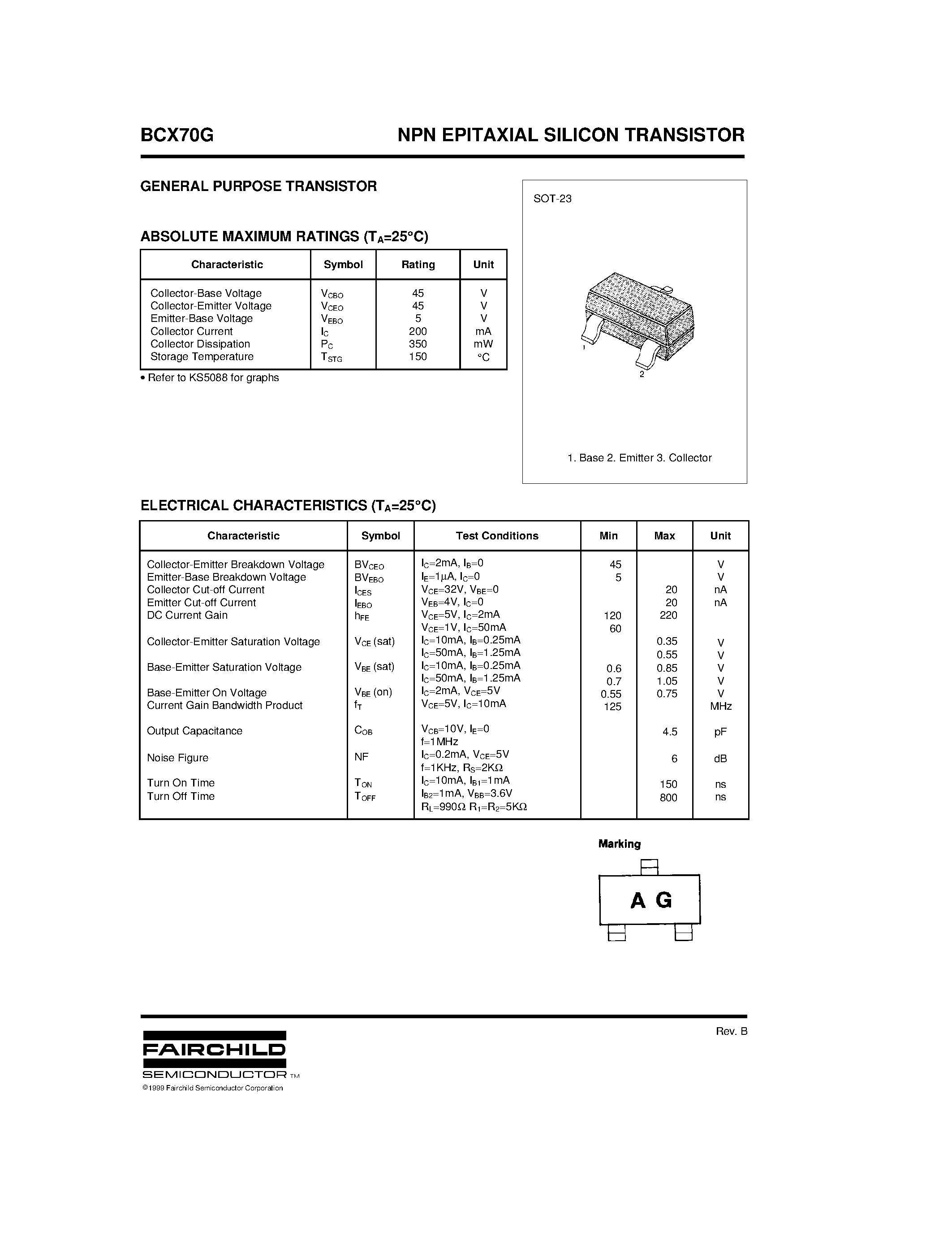 Datasheet BCX70G - NPN EPITAXIAL SILICON TRANSISTOR page 1