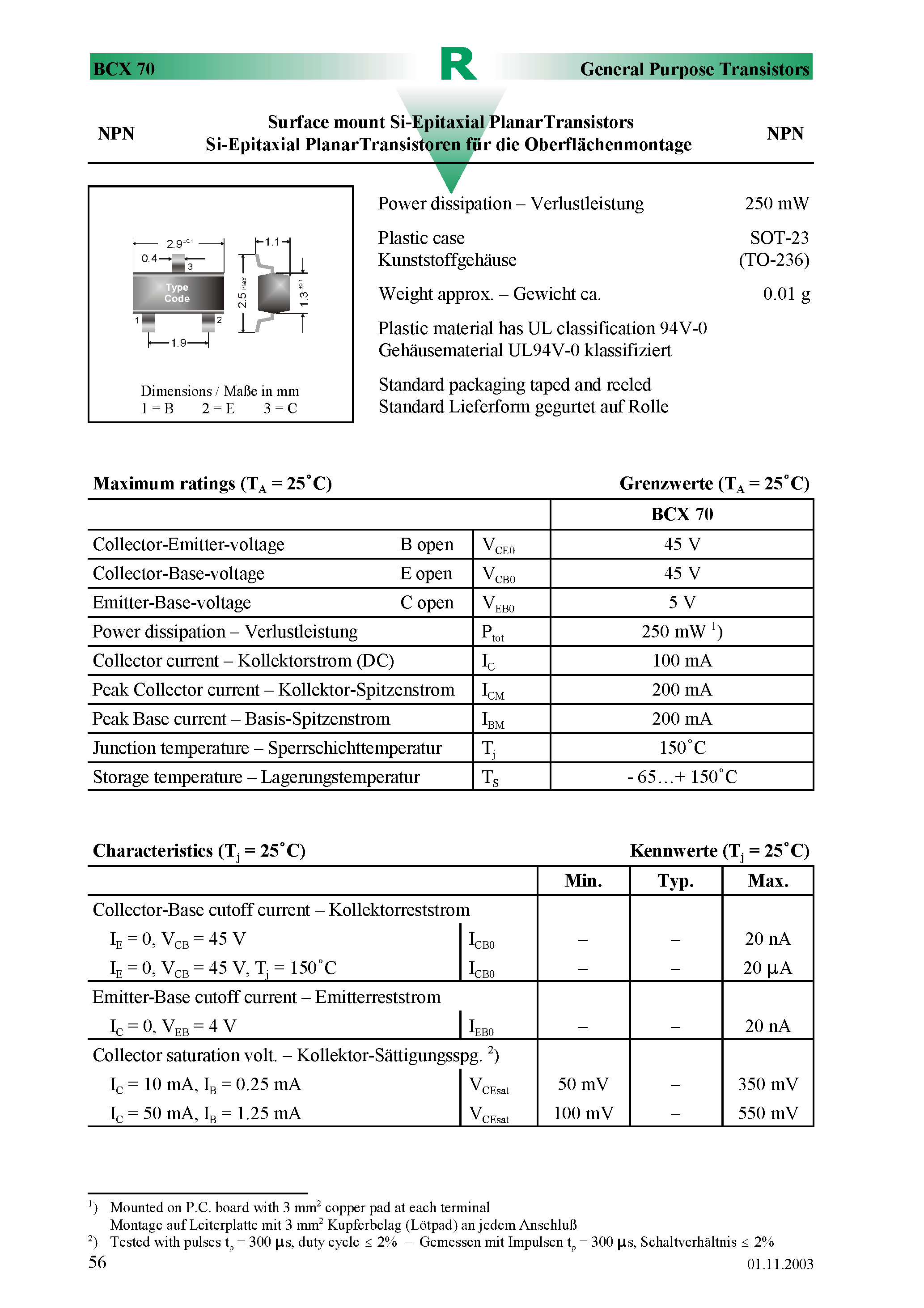 Даташит BCX70H - Surface mount Si-Epitaxial PlanarTransistors страница 1