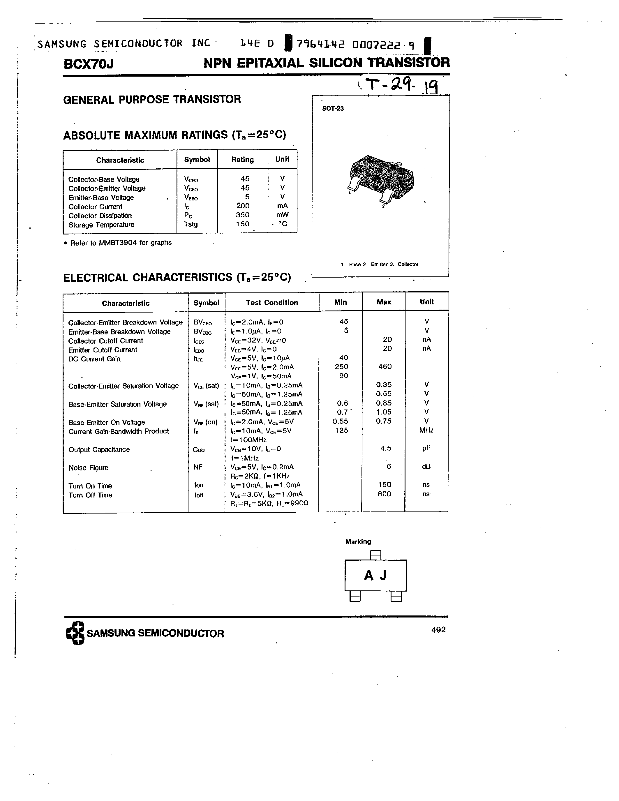 Даташит BCX70J - NPN EPITAXIAL SILICON TRANSISTOR страница 1