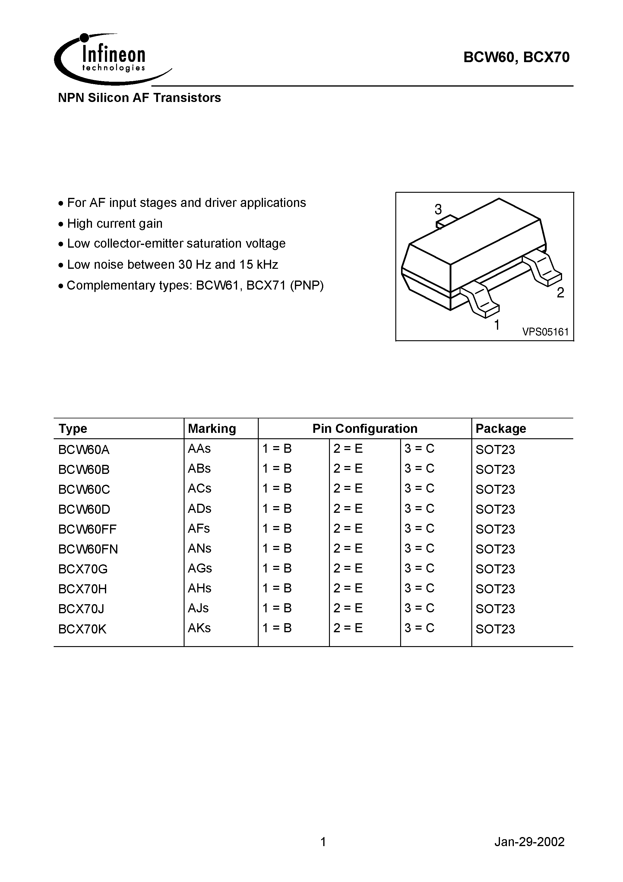 Datasheet BCX70J - NPN Silicon AF Transistors page 1