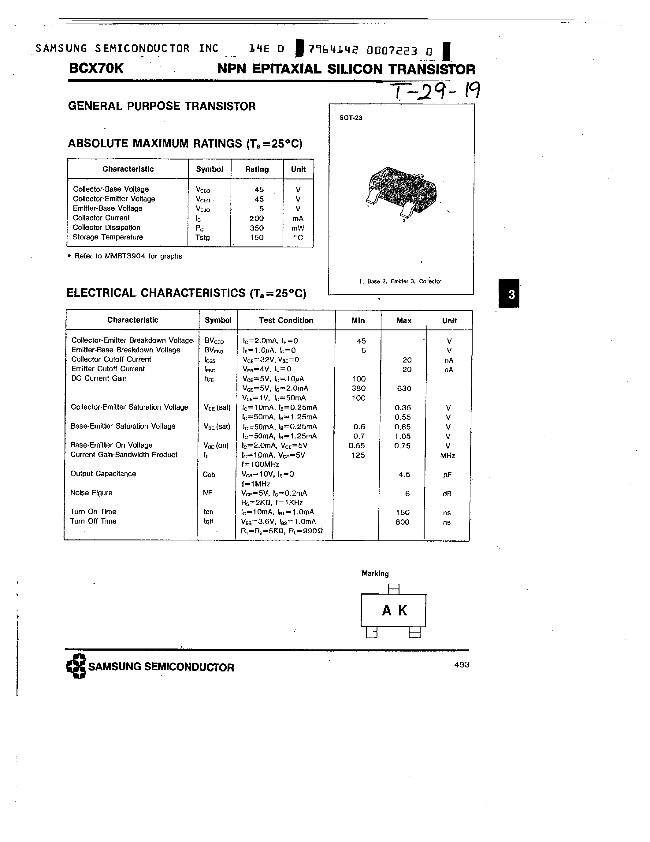 Даташит BCX70K - NPN EPITAXIAL SILICON TRANSISTOR страница 1