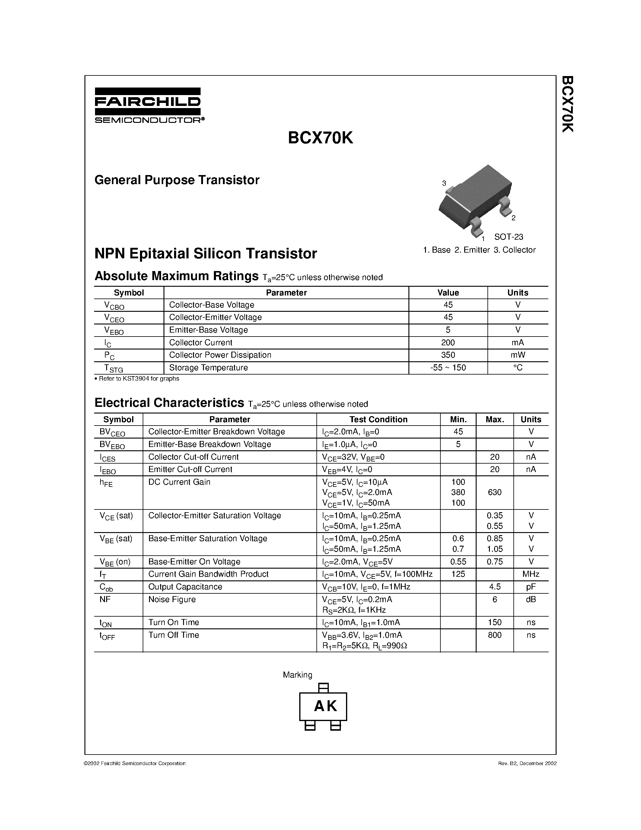 Datasheet BCX70K - NPN Epitaxial Silicon Transistor page 1