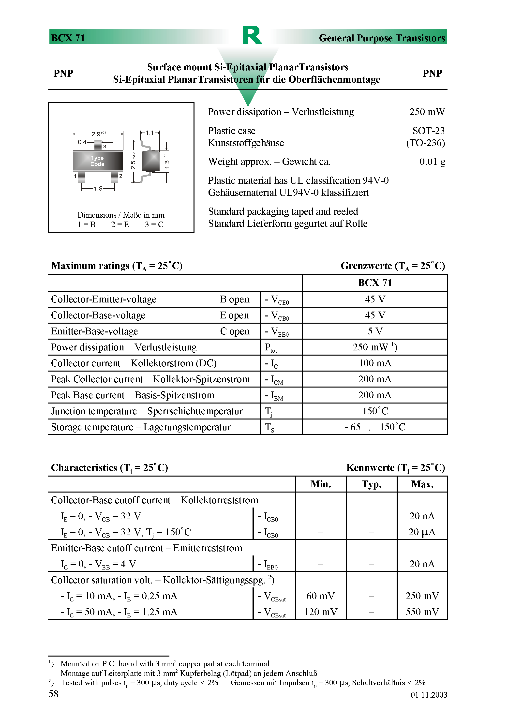 Даташит на микросхему BCX71 страница 1 Даташит BCX71 - Surface mount Si-Epitaxial PlanarTransistors страница 1