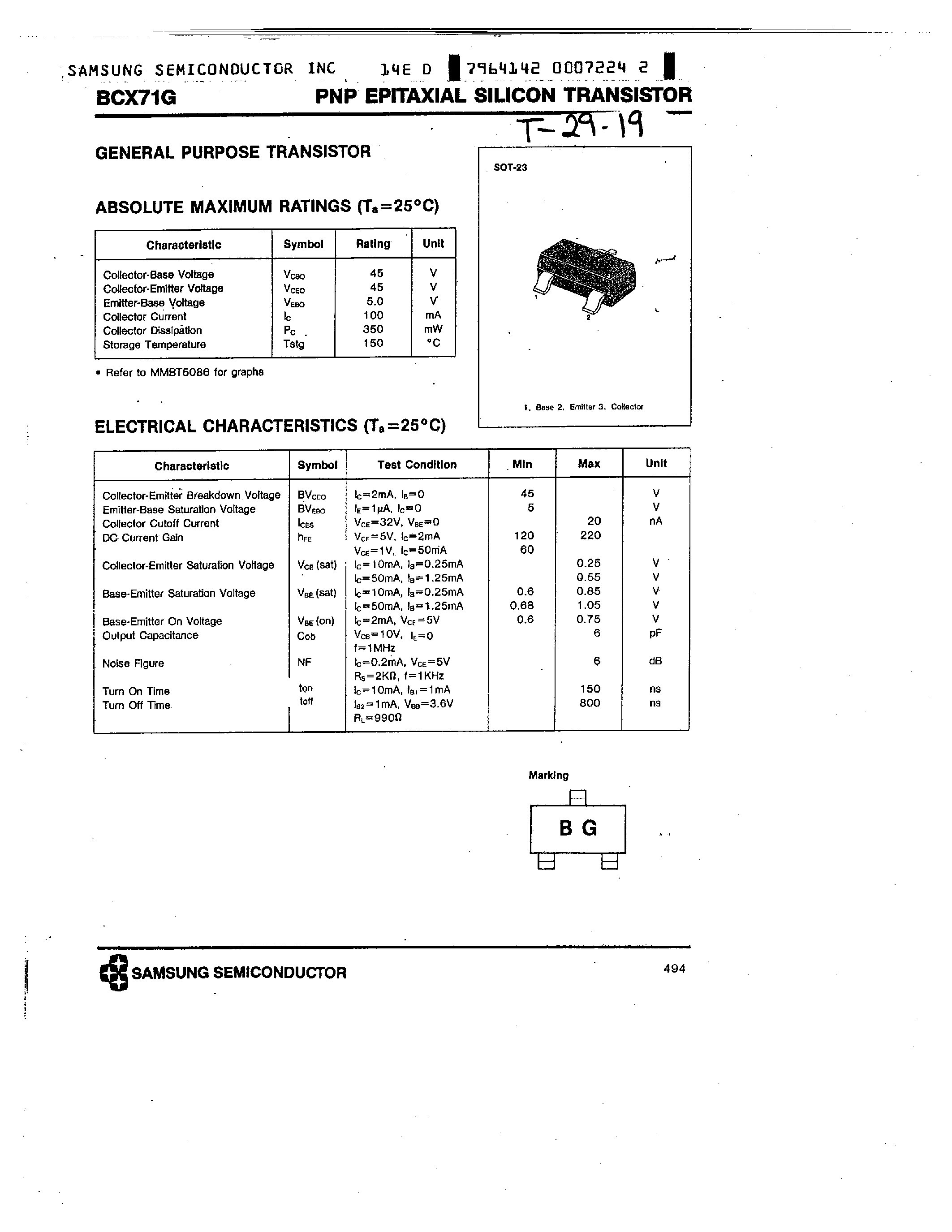 Даташит на микросхему BCX71G страница 1 Даташит BCX71G - PNP EPITAXIAL SILICON TRANSISTOR страница 1