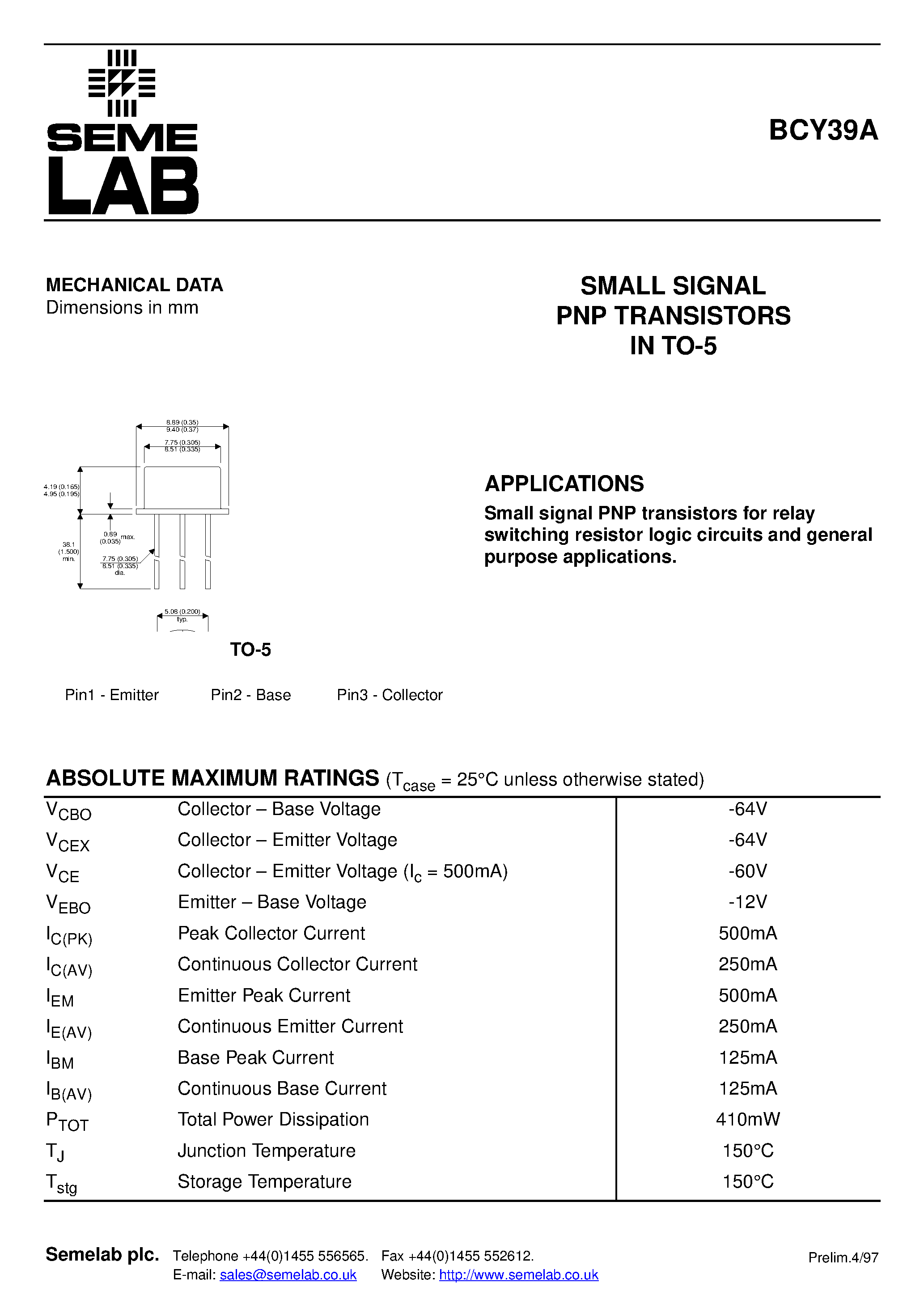 Даташит BCY39A - SMALL SIGNAL PNP TRANSISTORS IN TO-5 страница 1