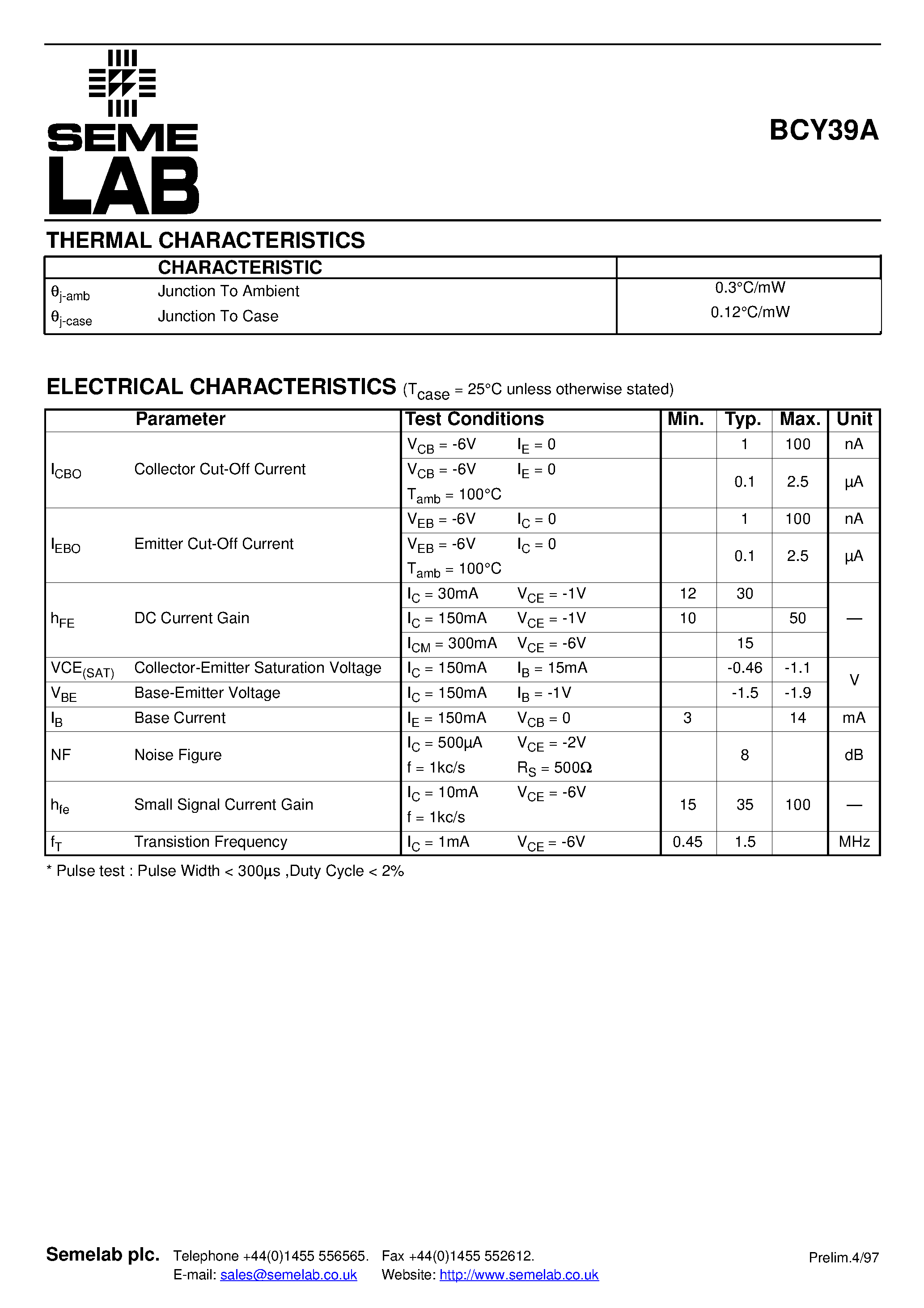 Даташит BCY39A - SMALL SIGNAL PNP TRANSISTORS IN TO-5 страница 2