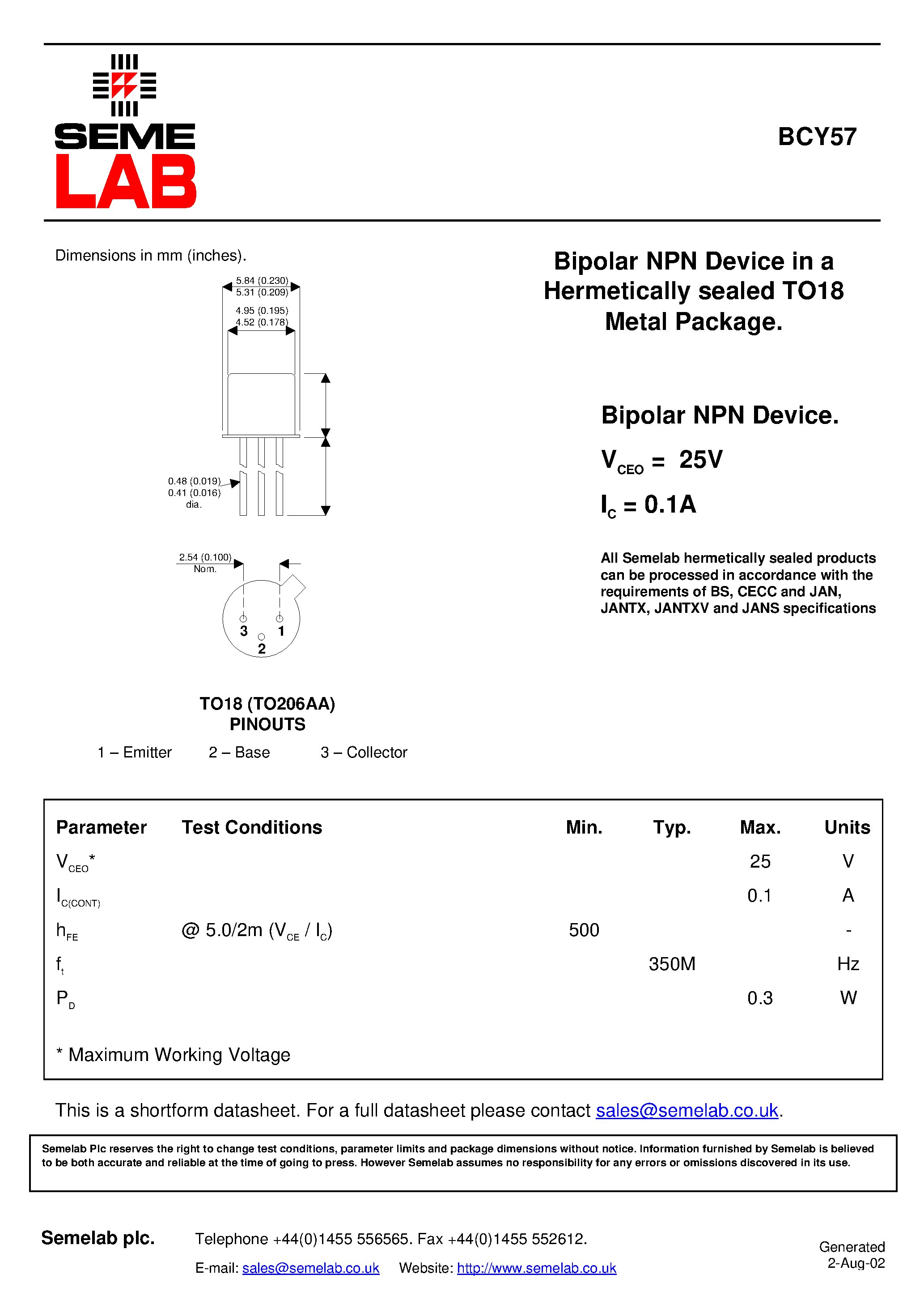 Datasheet BCY57 - Bipolar NPN Device in a Hermetically sealed TO18 Metal Package page 1