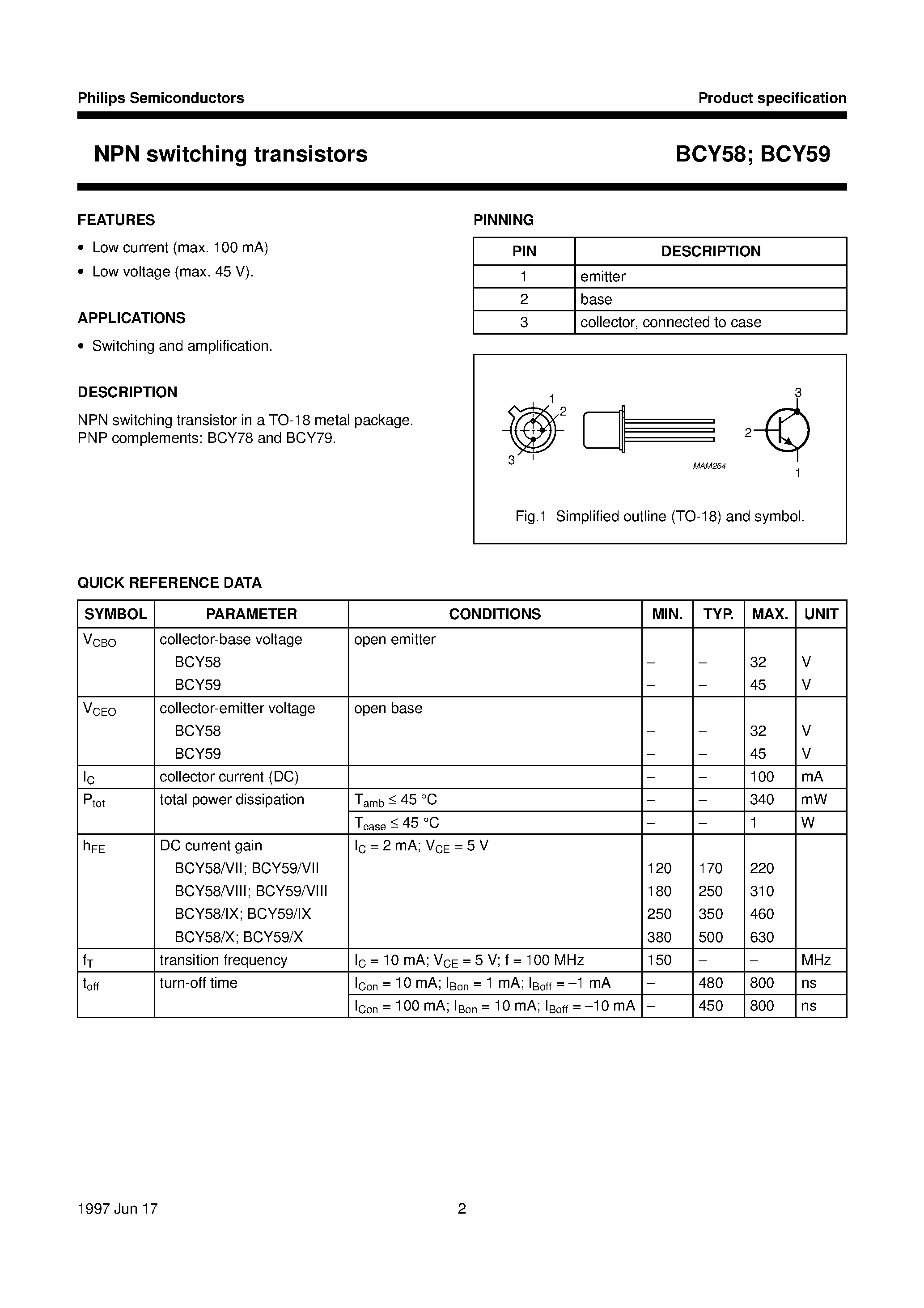 Даташит BCY59X - NPN switching transistors страница 2