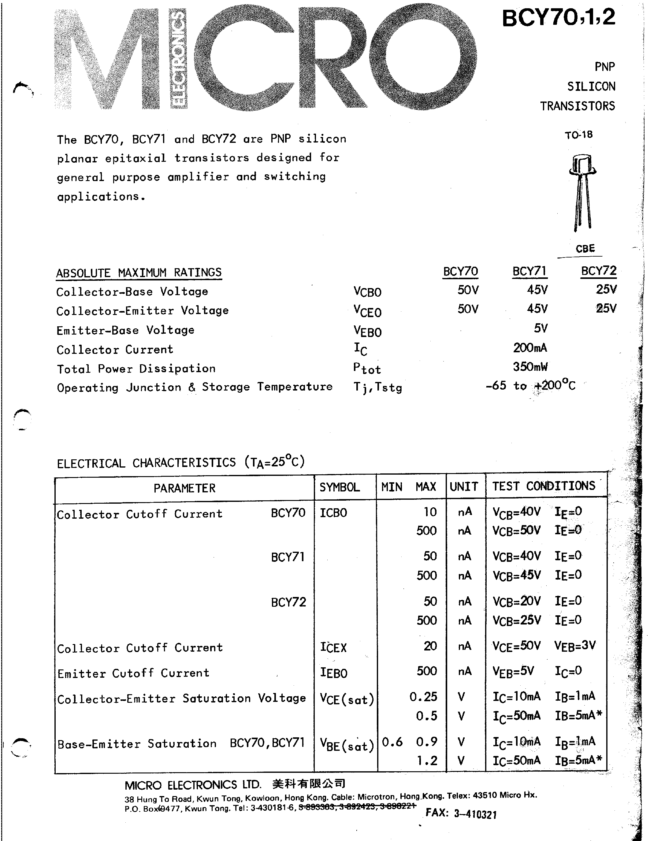 Даташит BCY71 - PNP SILICON TRANSISTORS страница 1