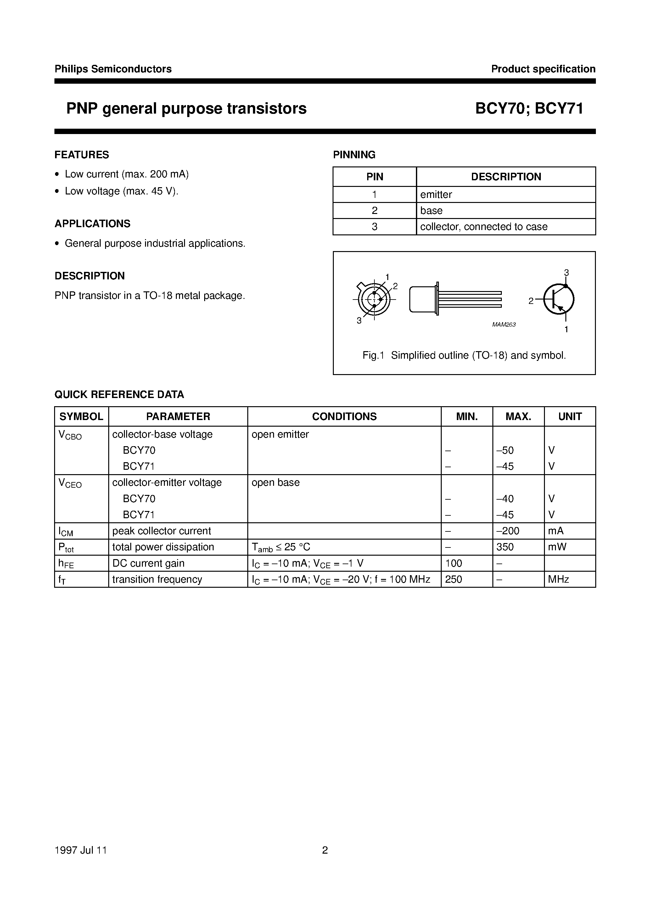Даташит BCY71 - PNP general purpose transistors страница 2