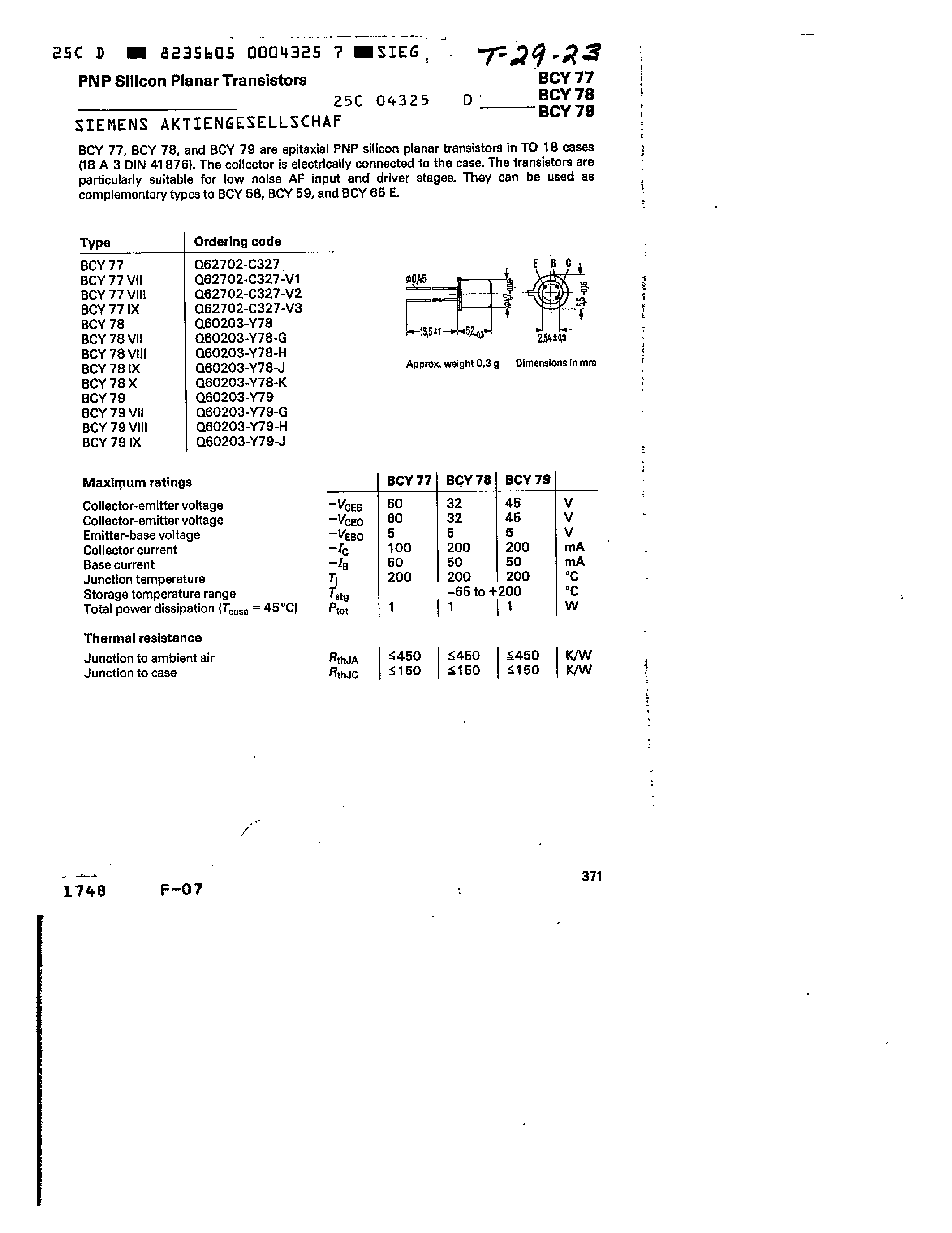 Даташит BCY77 - PNP SILICON PLANAR TRANSISTORS страница 1