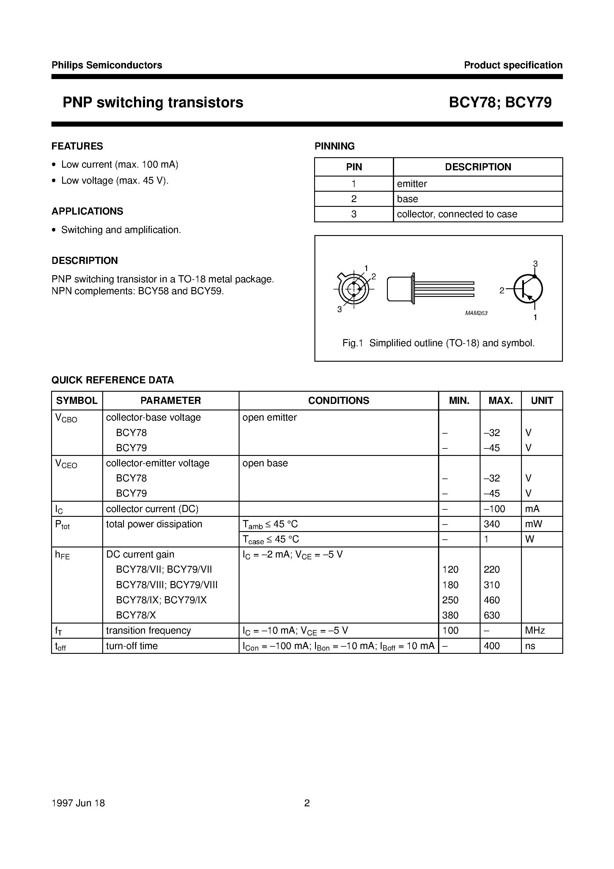 Даташит BCY78VIII - PNP switching transistors страница 2