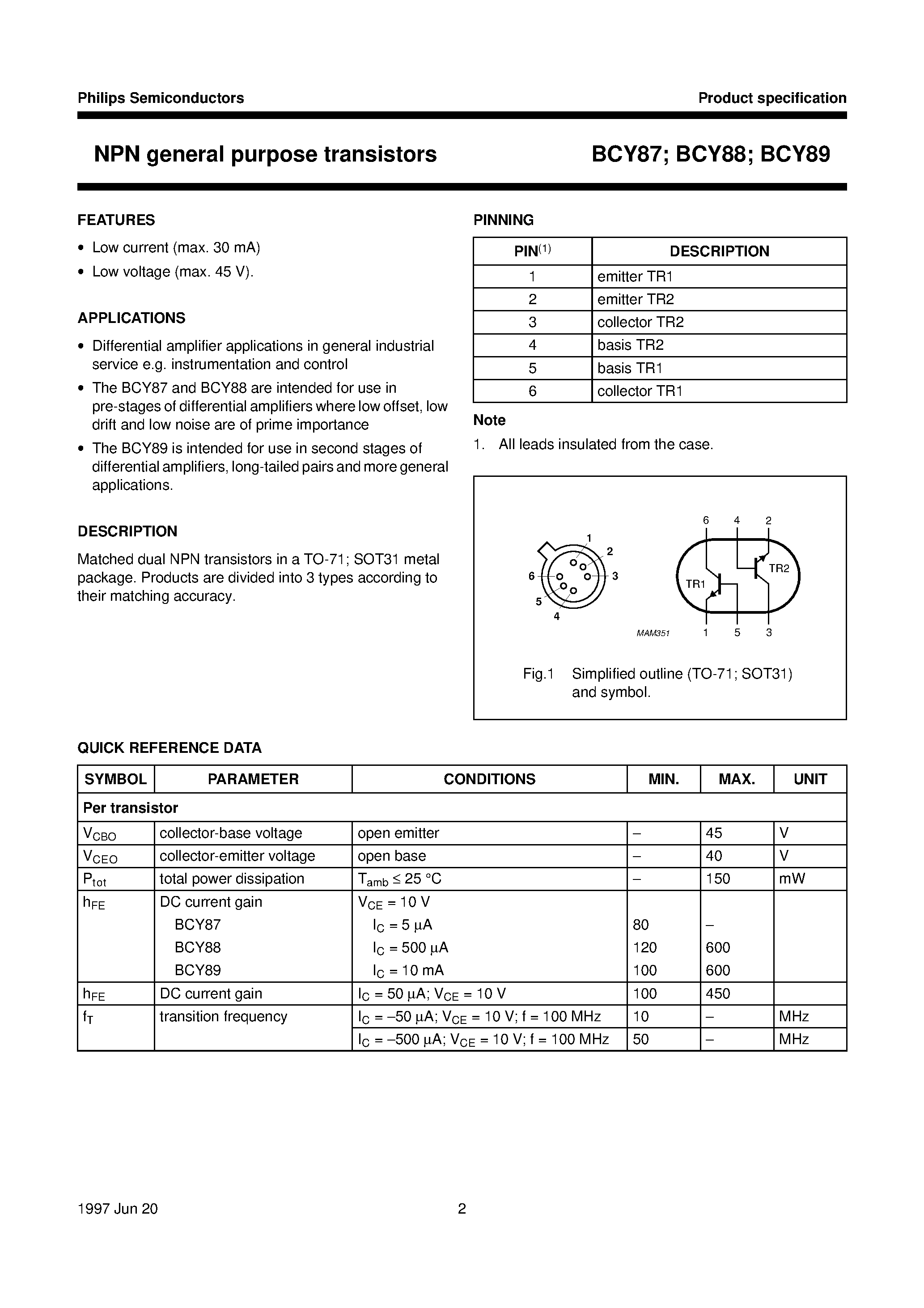 Даташит BCY87 - NPN general purpose transistors страница 2