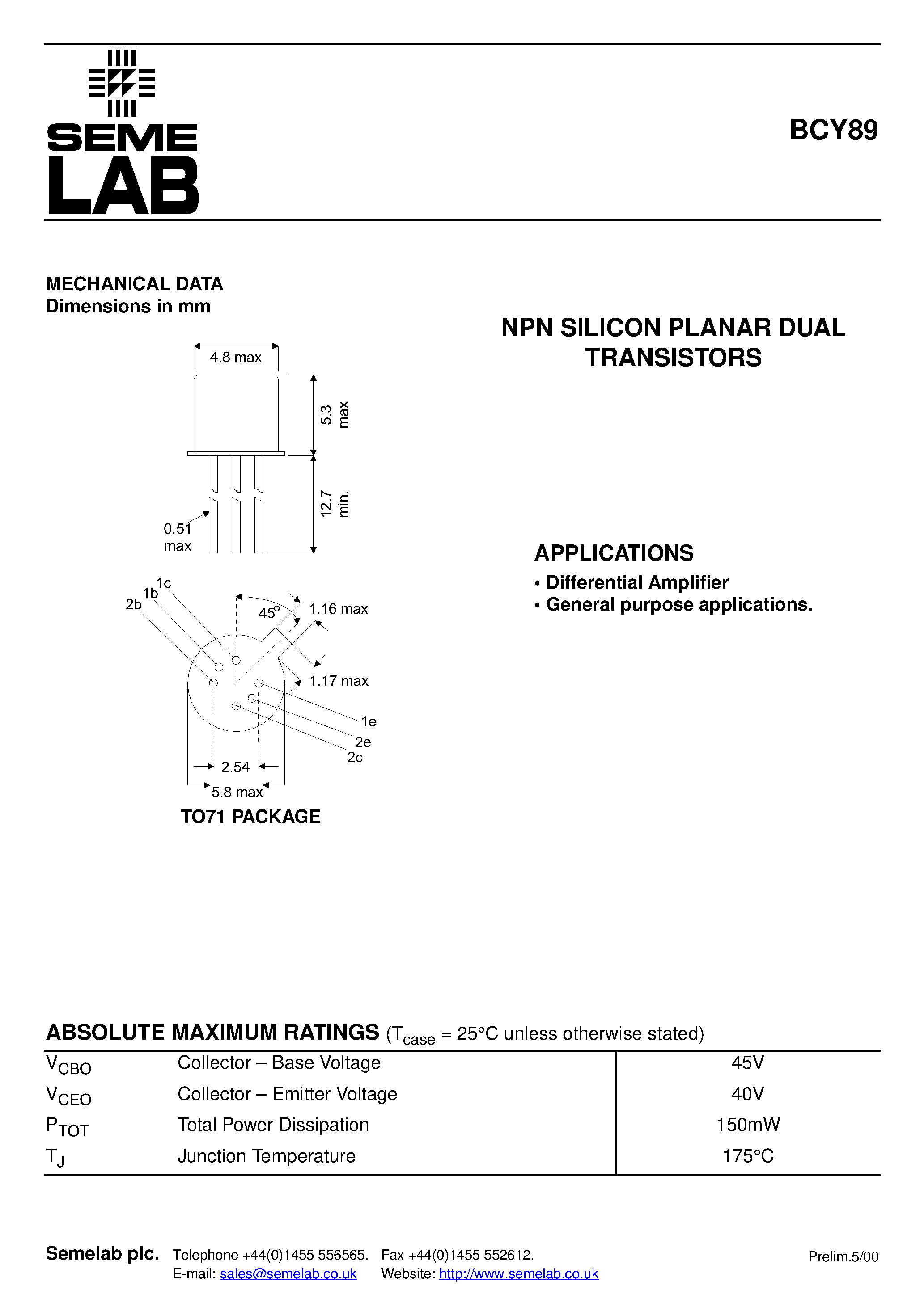 Даташит BCY89 - NPN SILICON PLANAR DUAL TRANSISTORS страница 1