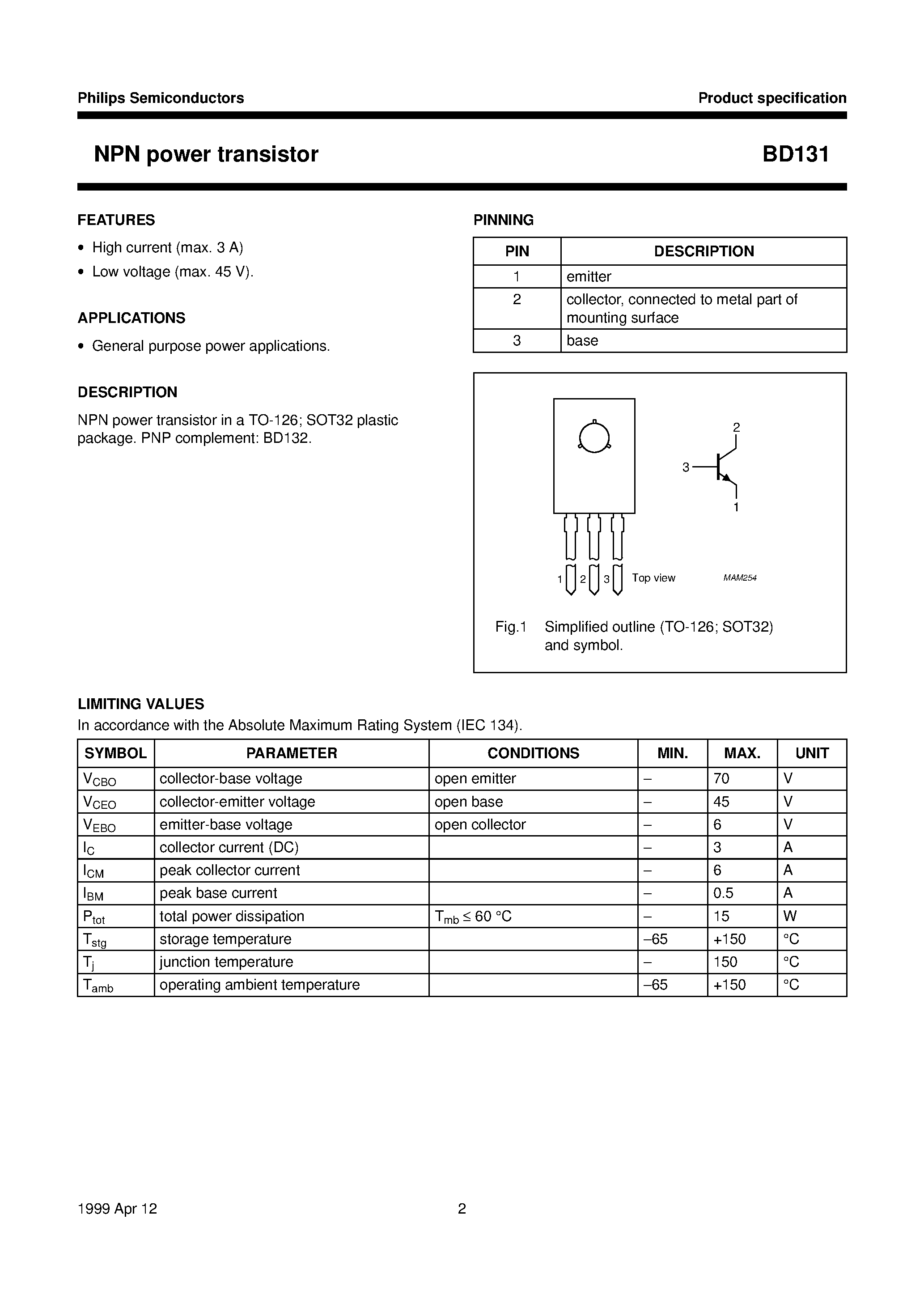 Datasheet BD131 page 2 Datasheet BD131 - NPN power transistor page 2