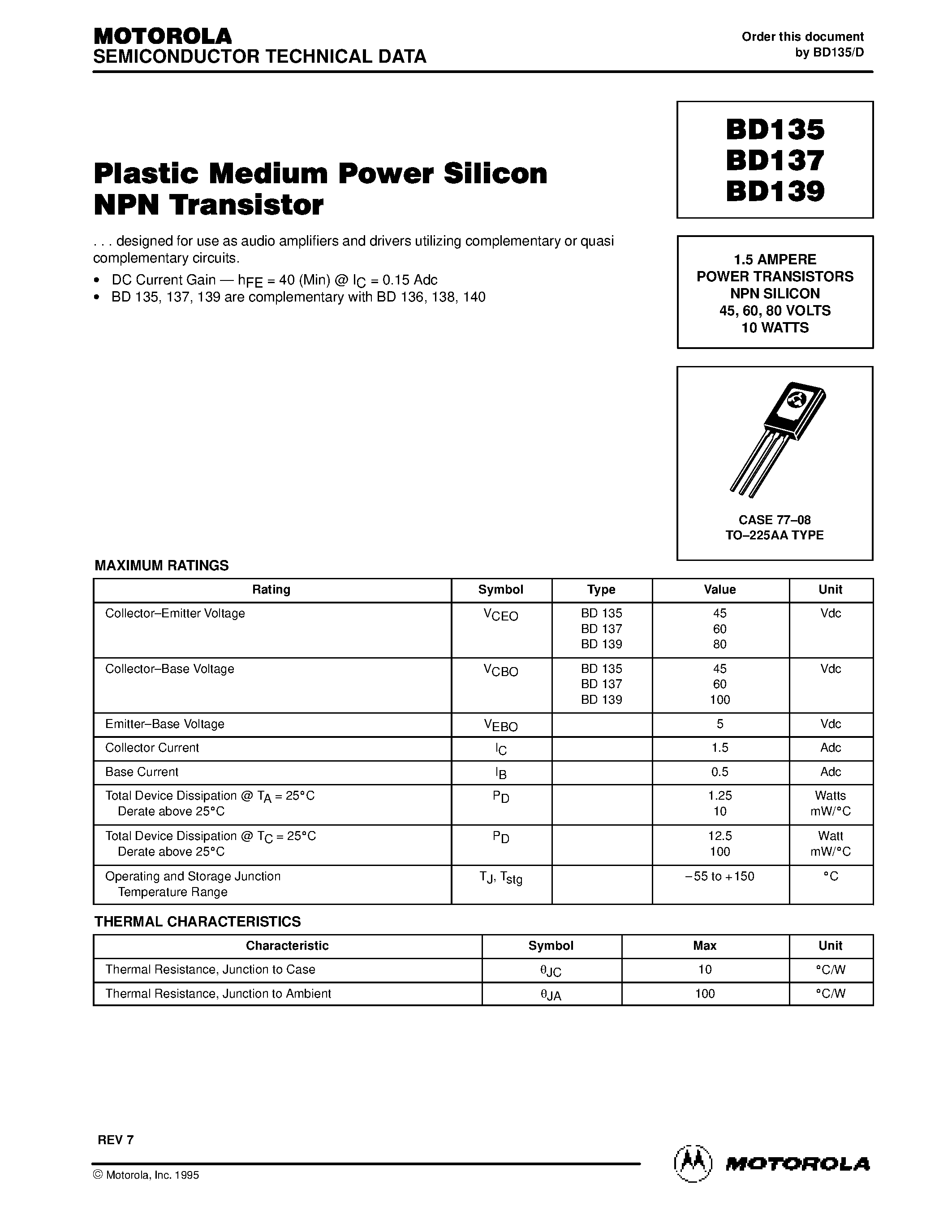 Datasheet BD135 page 1 Datasheet BD135 - Plastic Medium Power Silicon NPN Transistor page 1