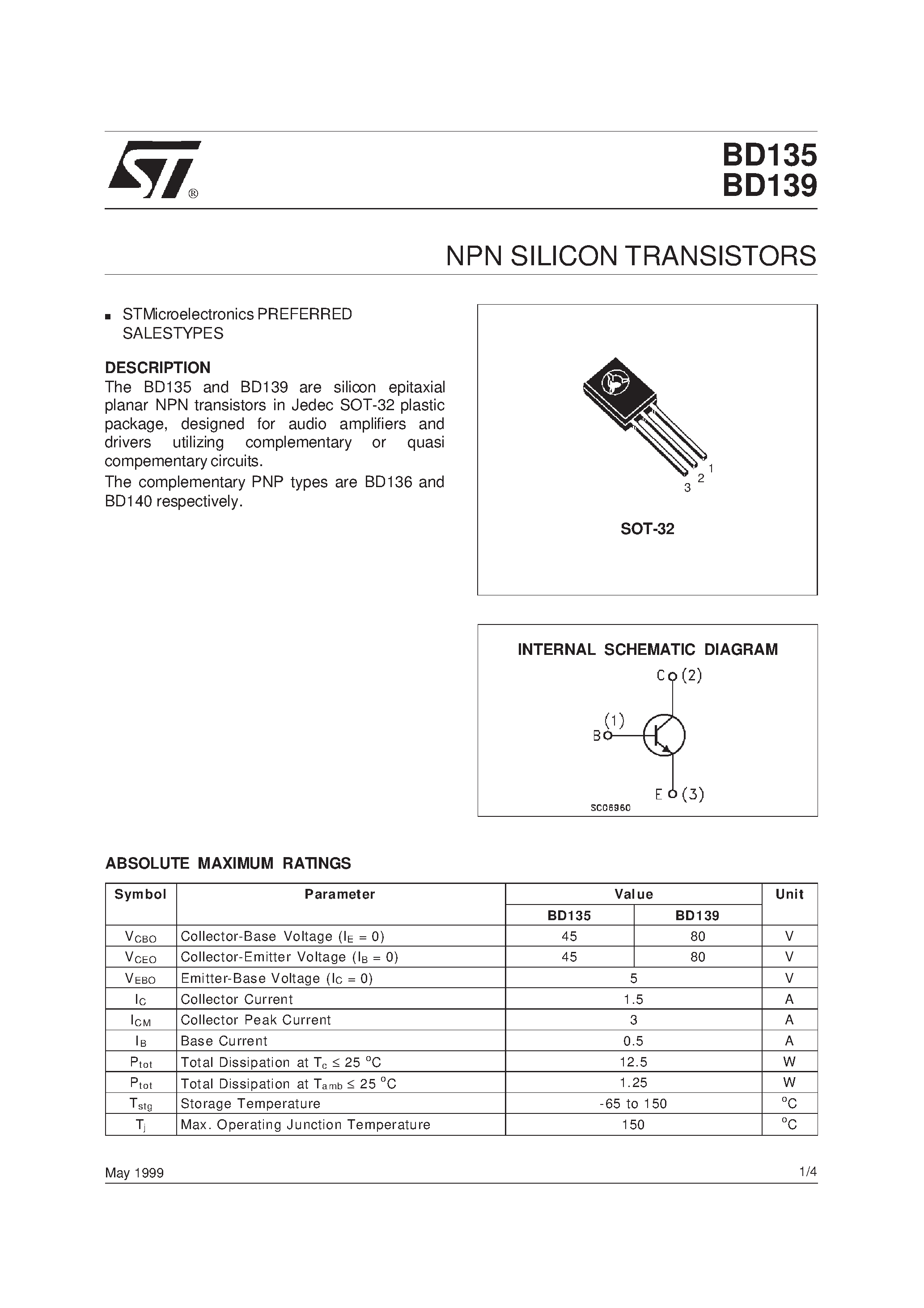 Datasheet BD135 page 1 Datasheet BD135 - NPN SILICON TRANSISTORS page 1