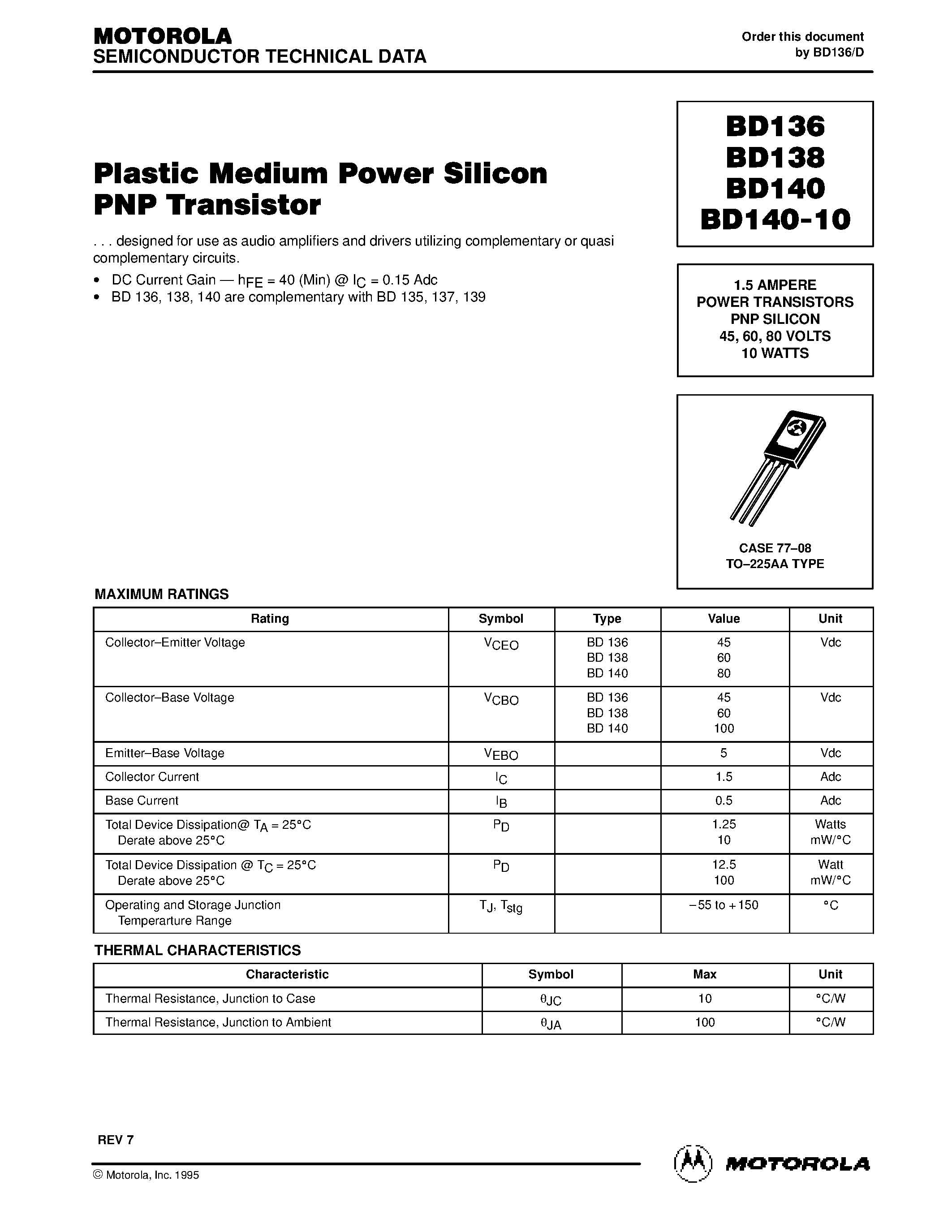 Datasheet BD136 - POWER TRANSISTORS PNP SILICON page 1