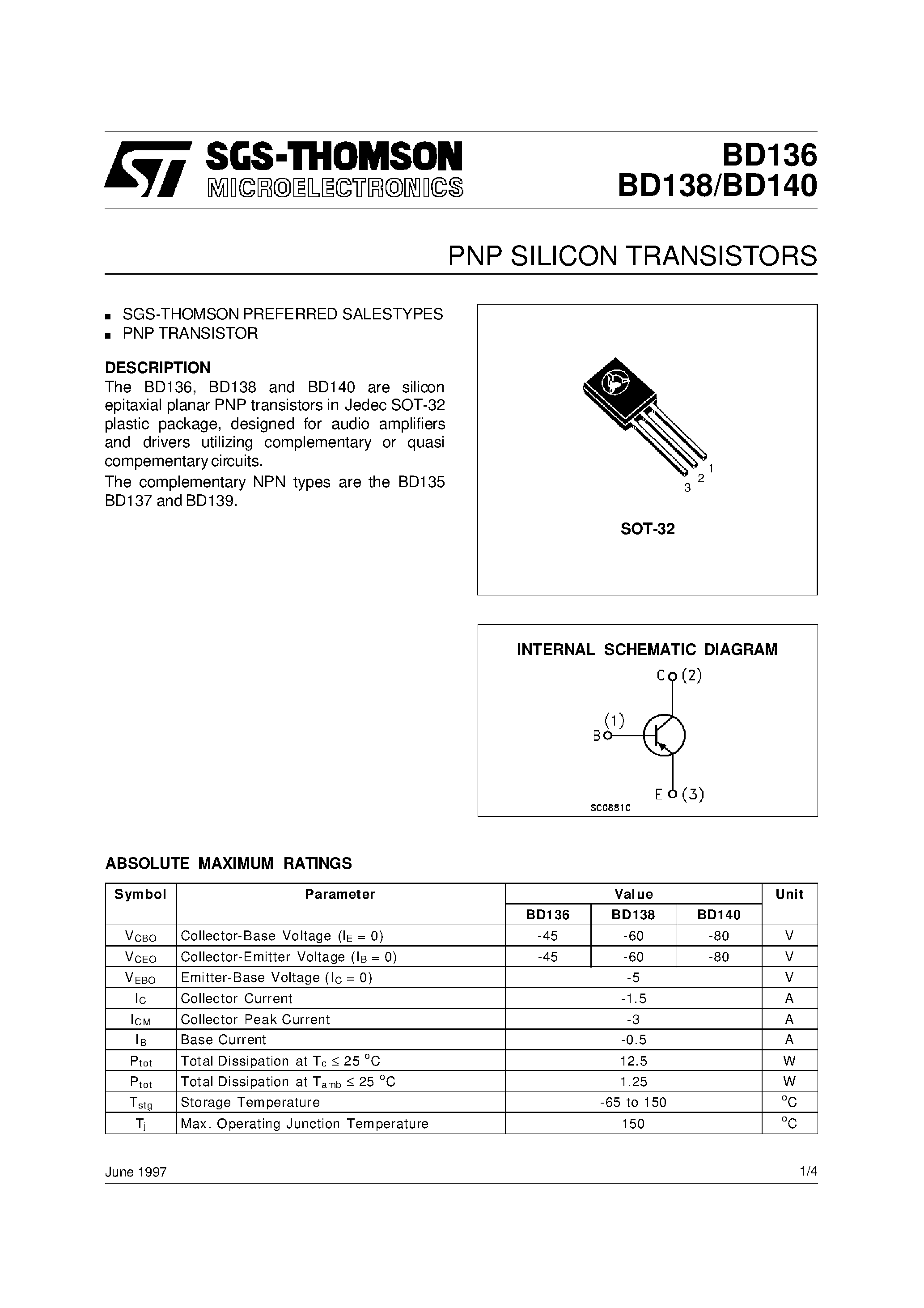 Datasheet BD136 page 1 Datasheet BD136 - PNP SILICON TRANSISTORS page 1