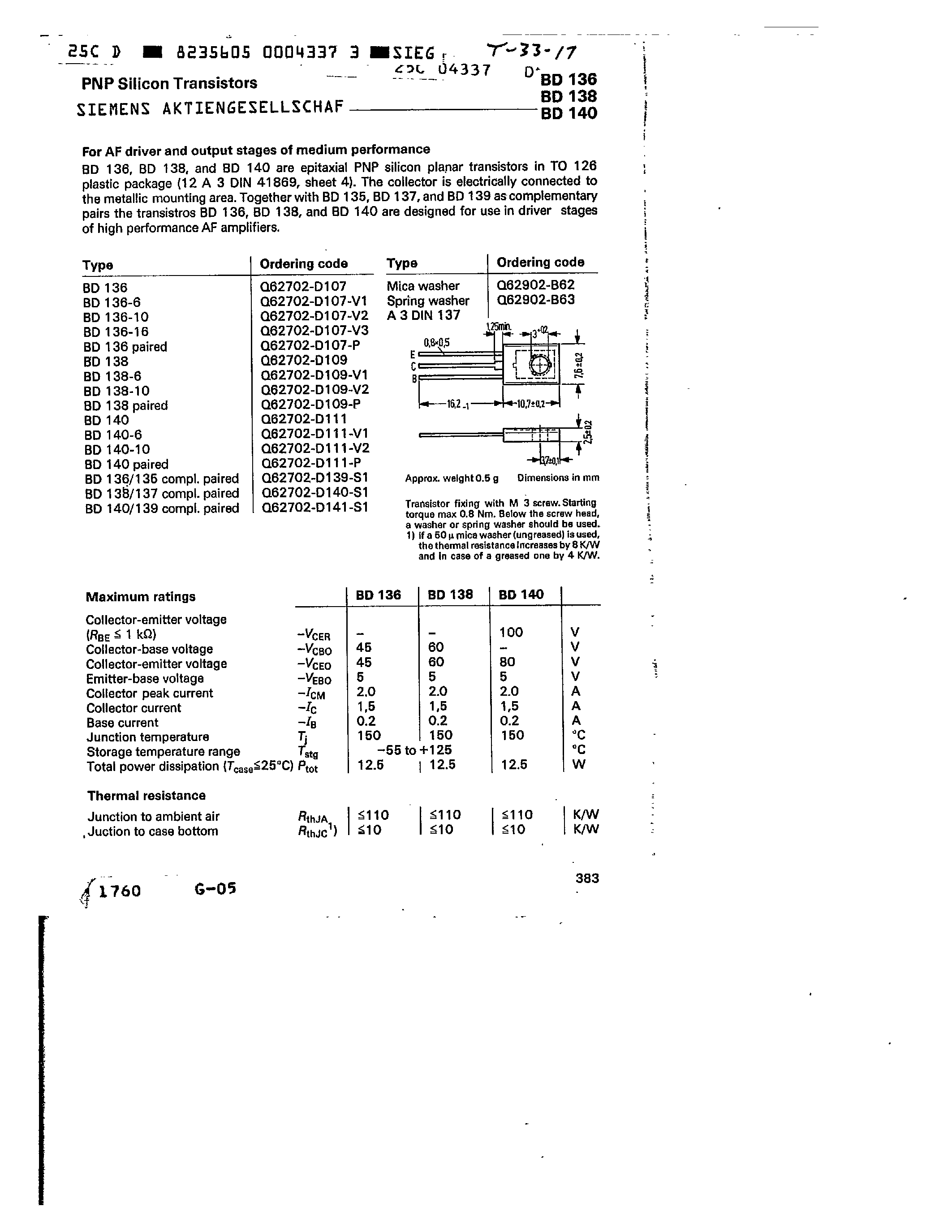 Datasheet BD136-10 page 1 Datasheet BD136-10 - PNP SILICON TRANSISTORS page 1