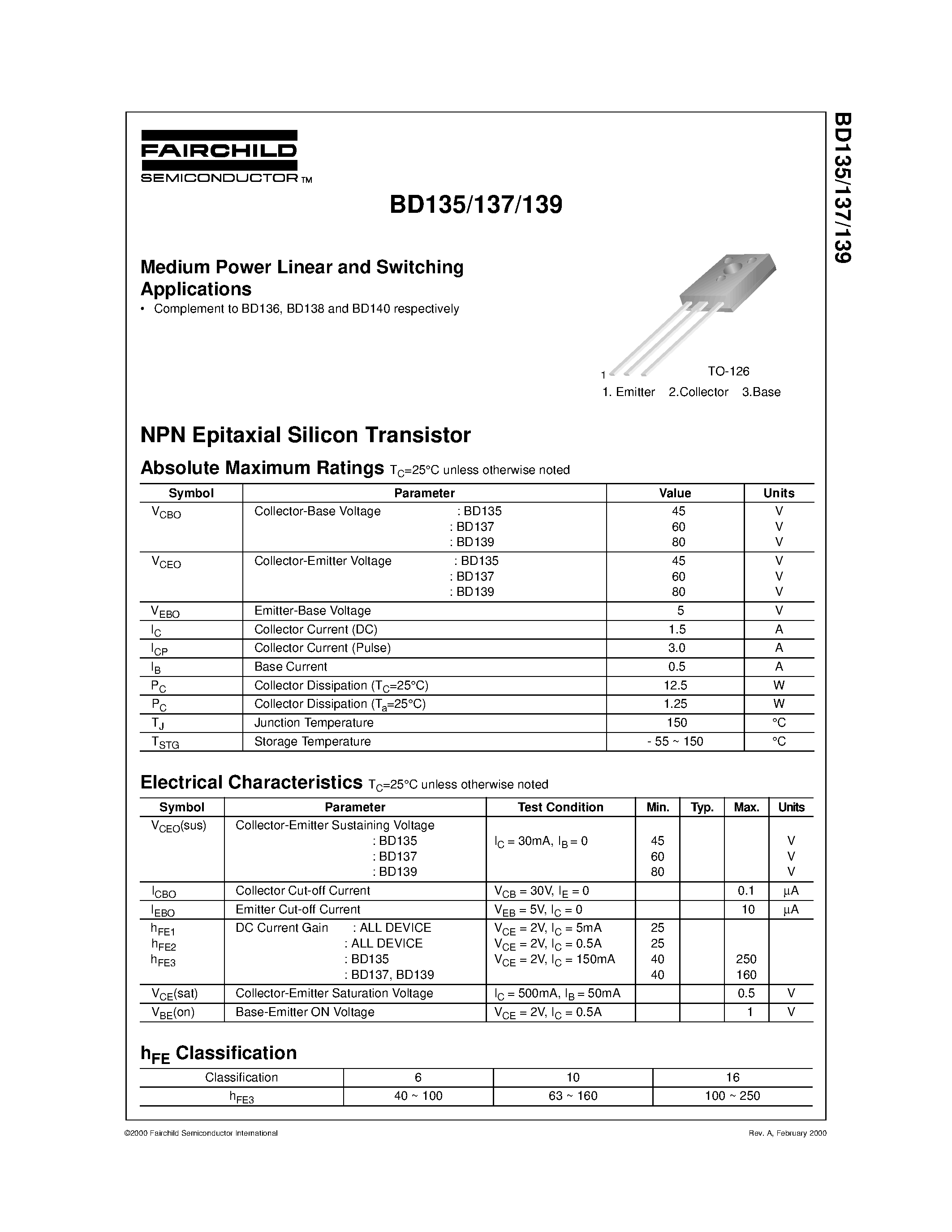 Datasheet BD139 page 1 Datasheet BD139 - Medium Power Linear and Switching Applications page 1