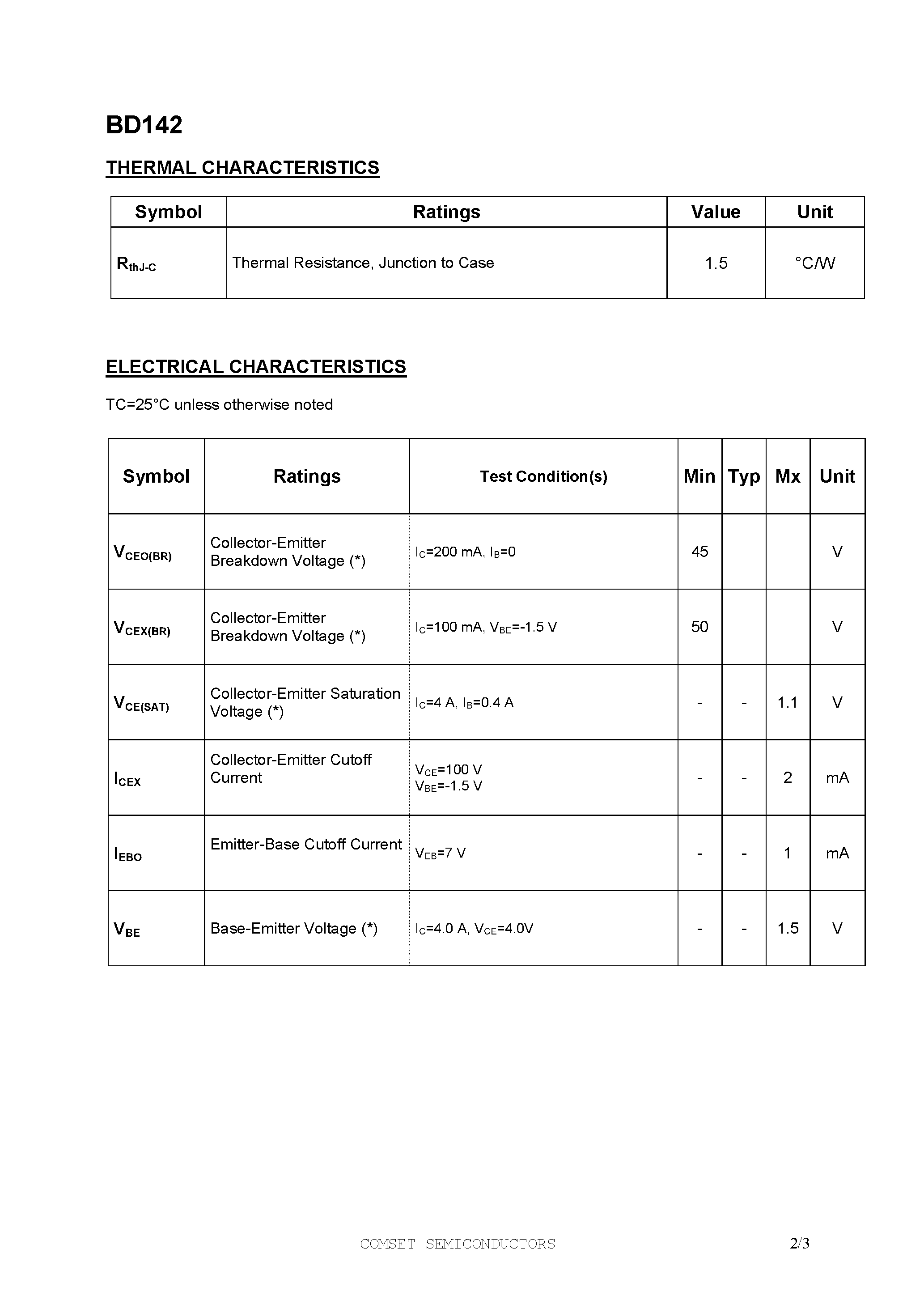 Даташит BD142 - NPN Silicon Transistor Power Linerar and Switching Applications страница 2