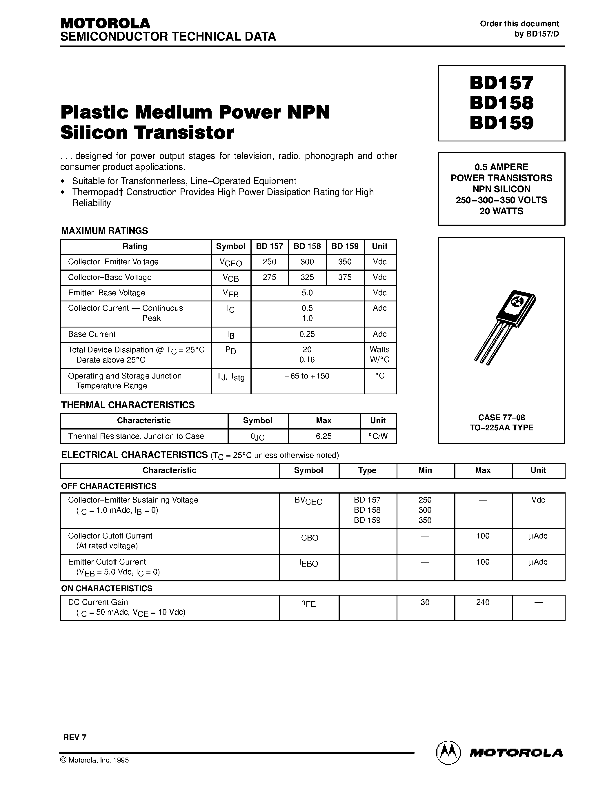 Datasheet BD157 page 1 Datasheet BD157 - Plastic Medium Power NPN Silicon Transistor page 1