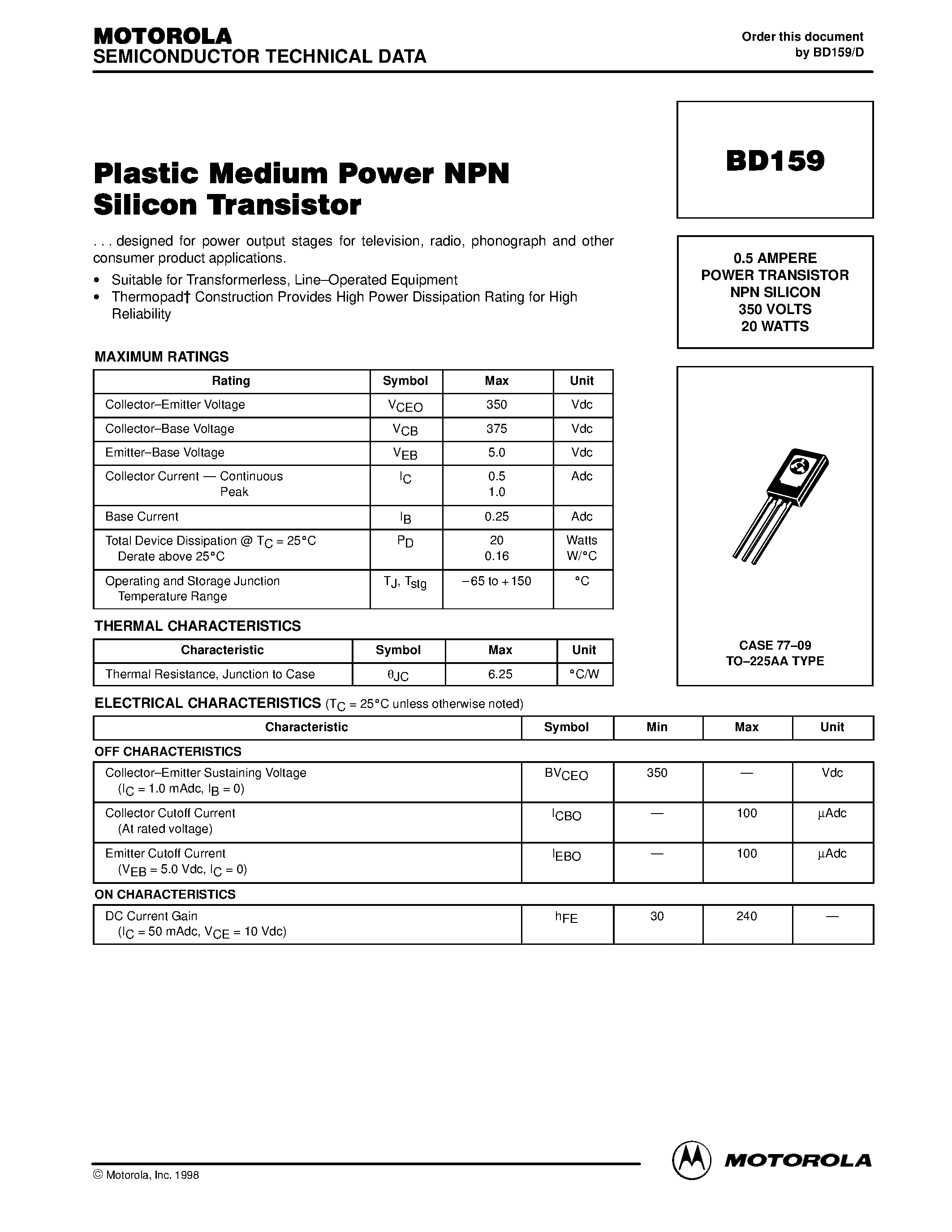 Даташит BD159 - POWER TRANSISTOR NPN SILICON страница 1