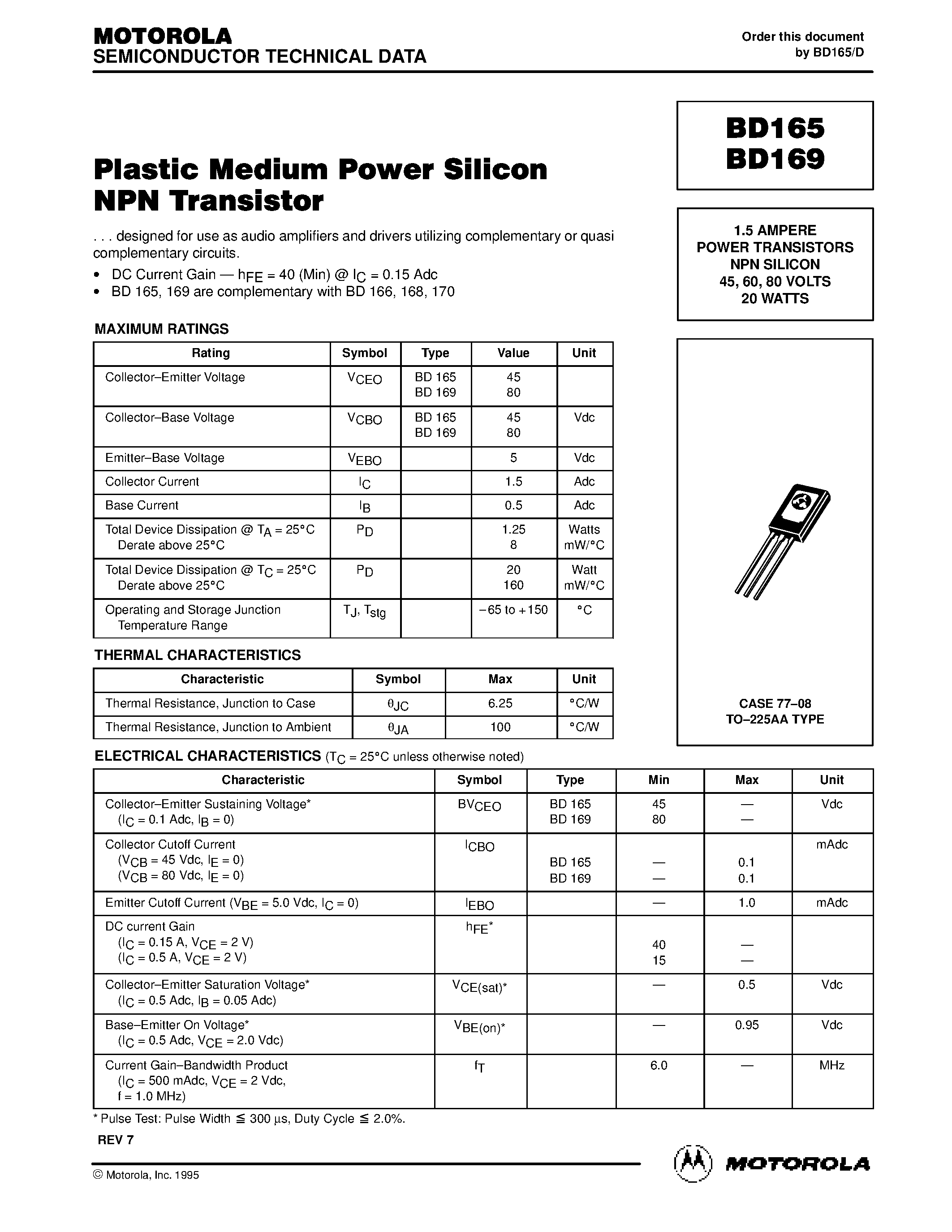 Даташит BD165 - Plastic Medium Power Silicon NPN Transistor страница 1