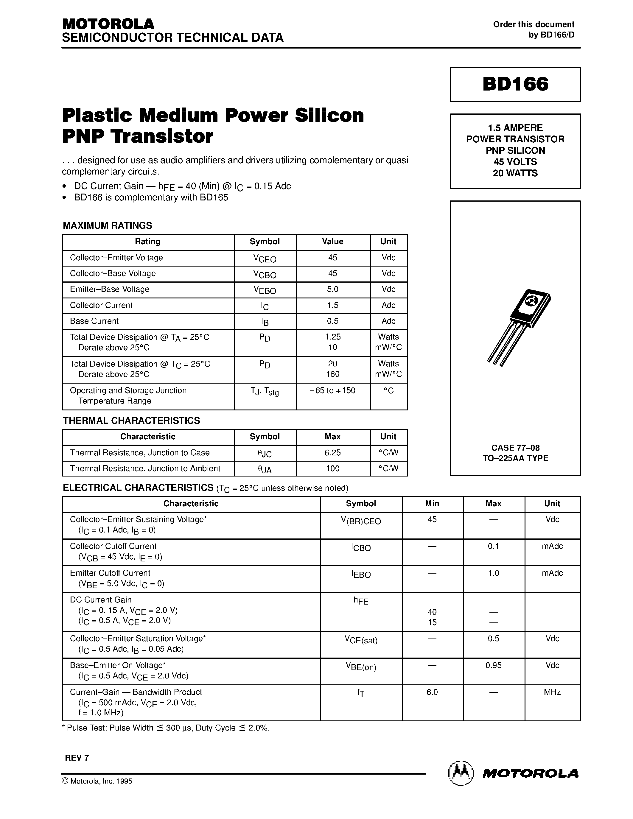 Даташит BD166 - Plastic Medium Power Silicon PNP Transistor страница 1