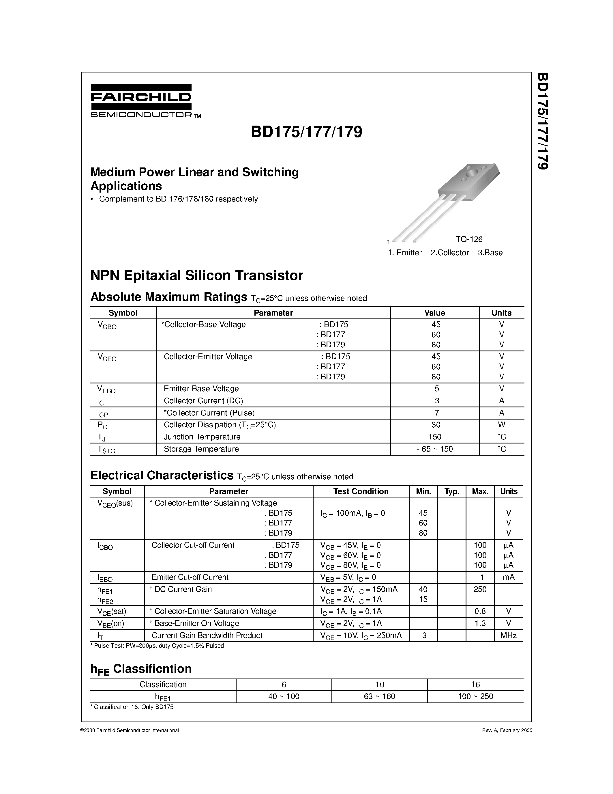 Datasheet BD177 page 1 Datasheet BD177 - Medium Power Linear and Switching Applications page 1