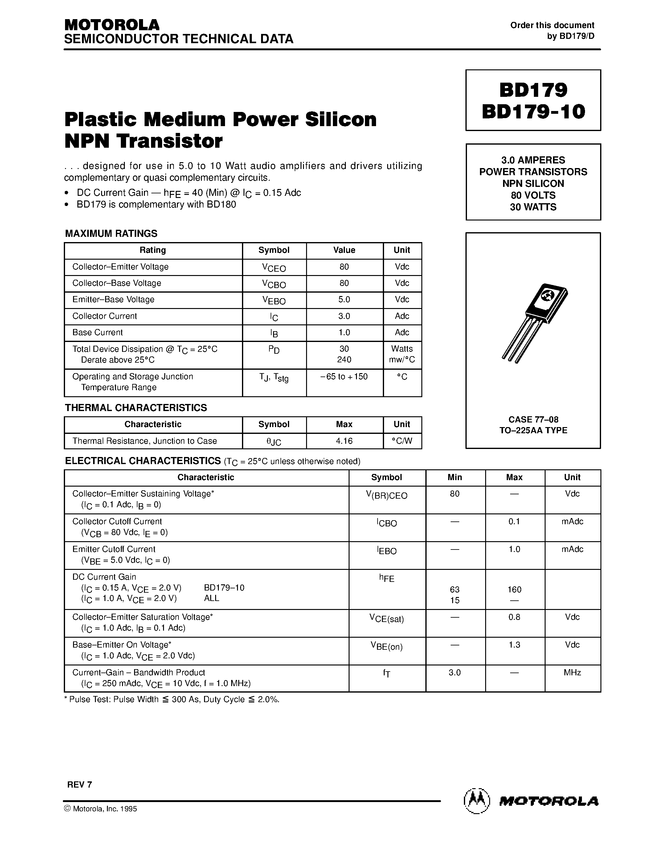 Datasheet BD179 - Plastic Medium Power Silicon NPNP Transistor page 1
