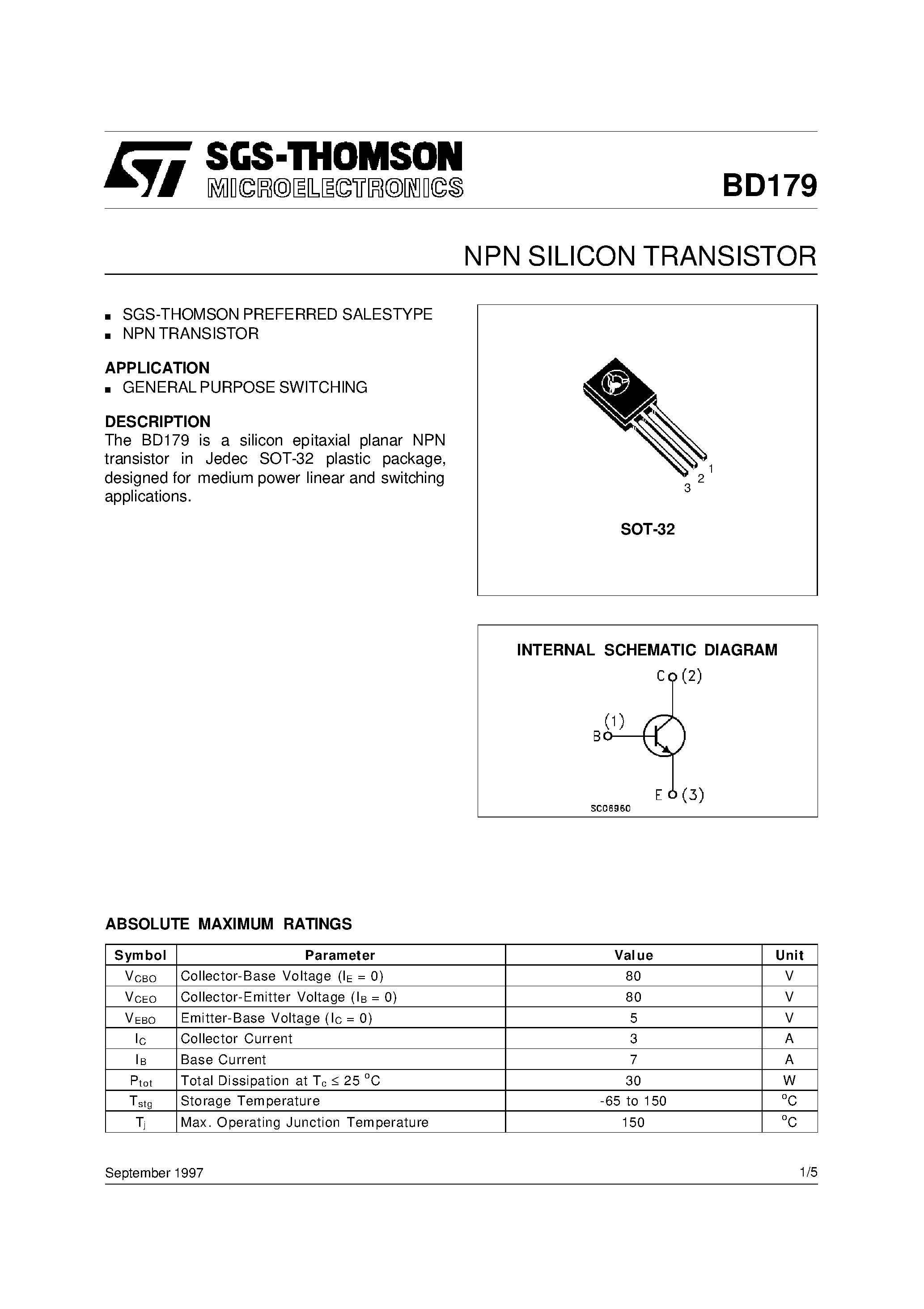 Datasheet BD179 page 1 Datasheet BD179 - NPN SILICON TRANSISTOR page 1
