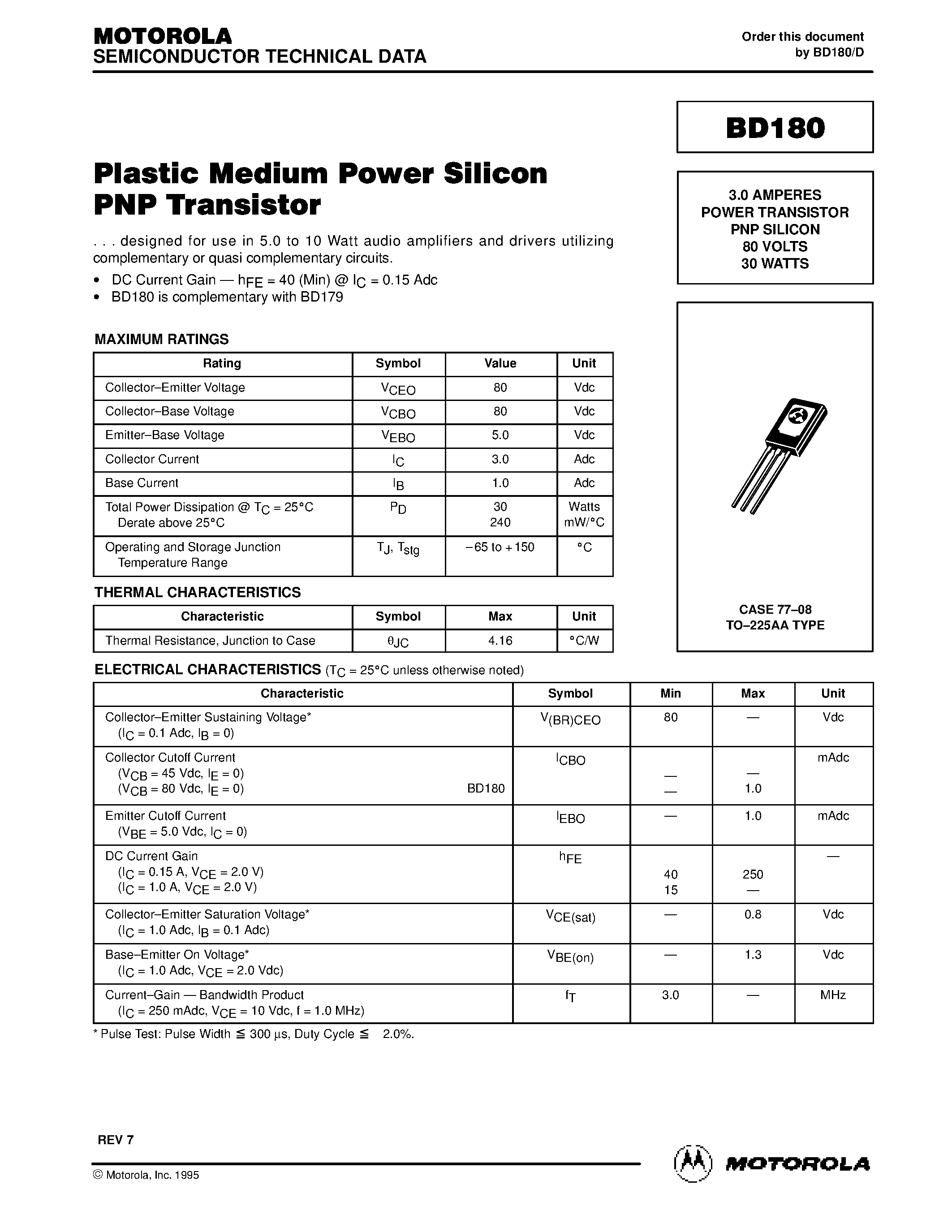 Даташит BD180 - Plastic Medium Power Silicon PNP Transistor страница 1