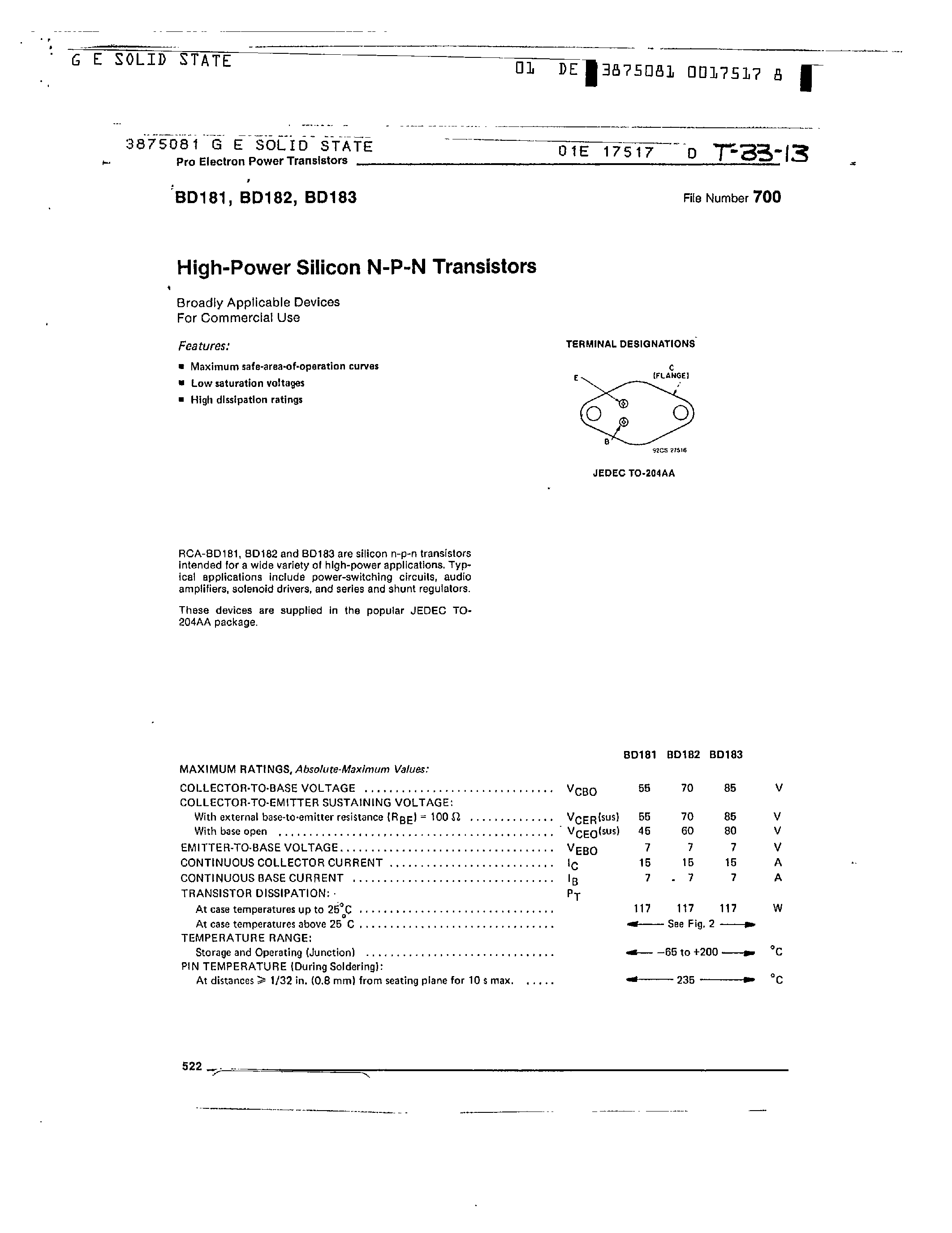 Даташит на микросхему BD181 страница 1 Даташит BD181 - HIGH-POWER SILICON NPN TRANSISTORS страница 1