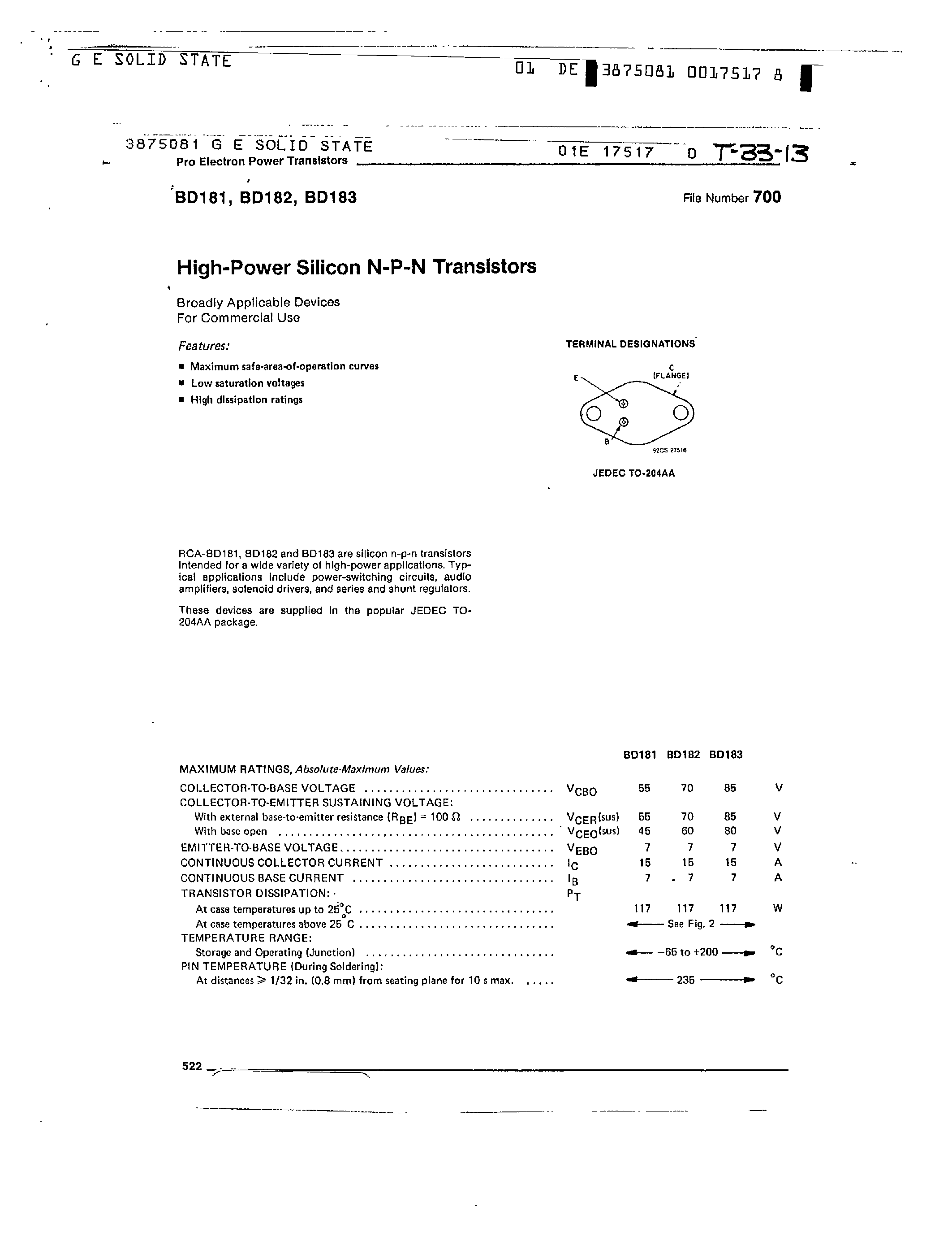 Datasheet BD181 - HIGH-POWER SILICON NPN TRANSISTORS page 1