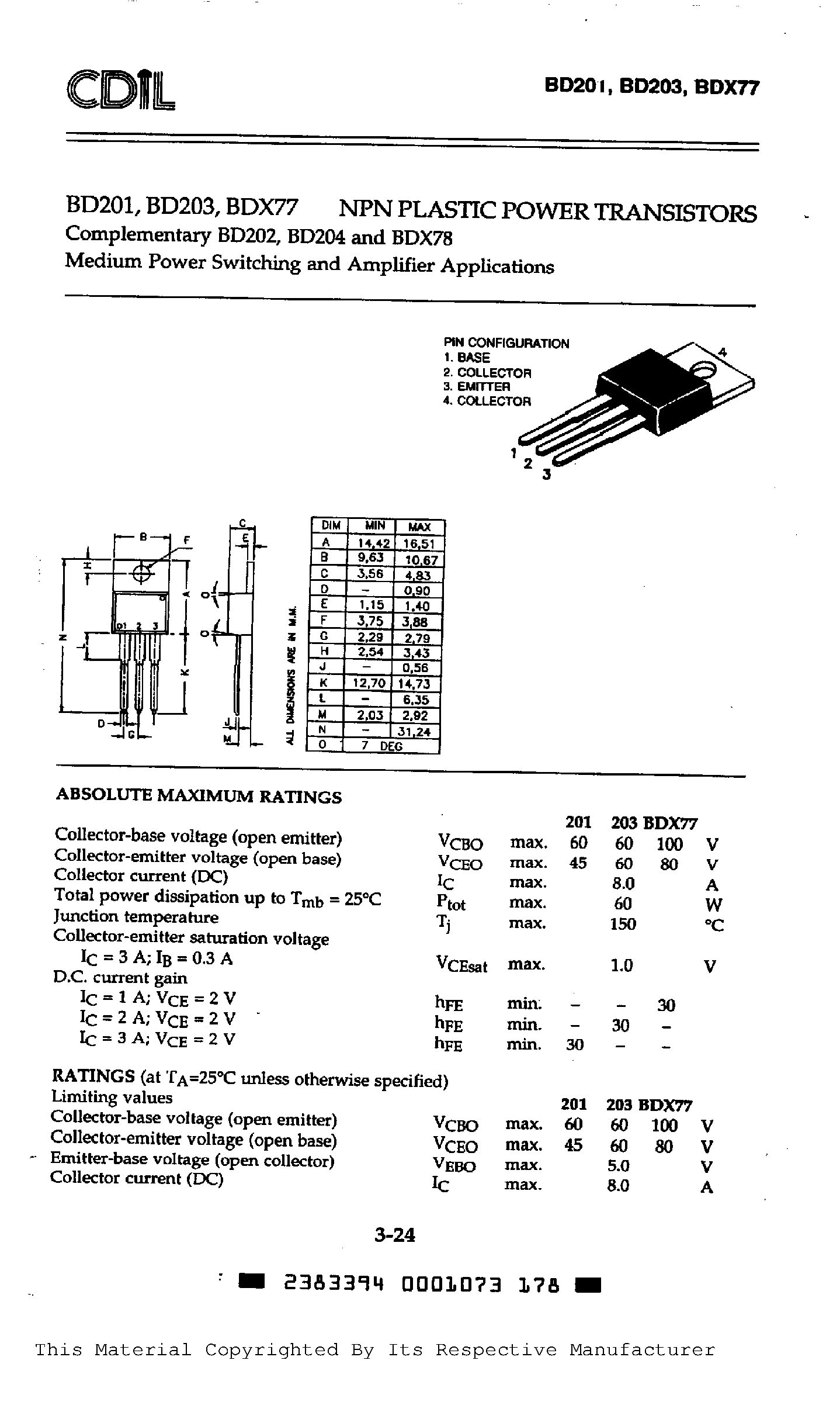 Даташит на микросхему BD201 страница 1 Даташит BD201 - Medium Power Switching and Amplifier Applications страница 1