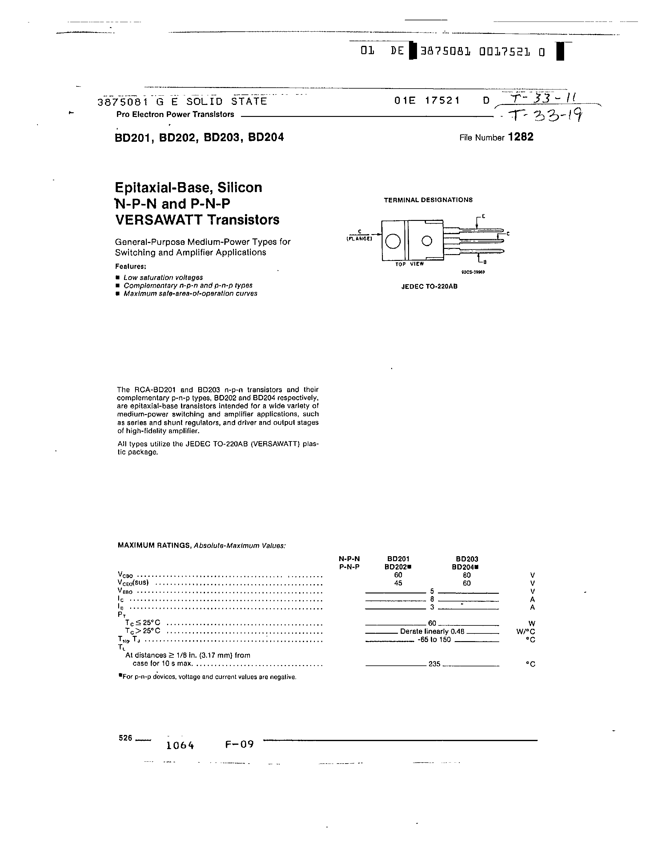 Даташит BD203 - EPITAXIAL BASE SILICON NPN AND PNP VERSAWATT TRANSISTORS страница 1