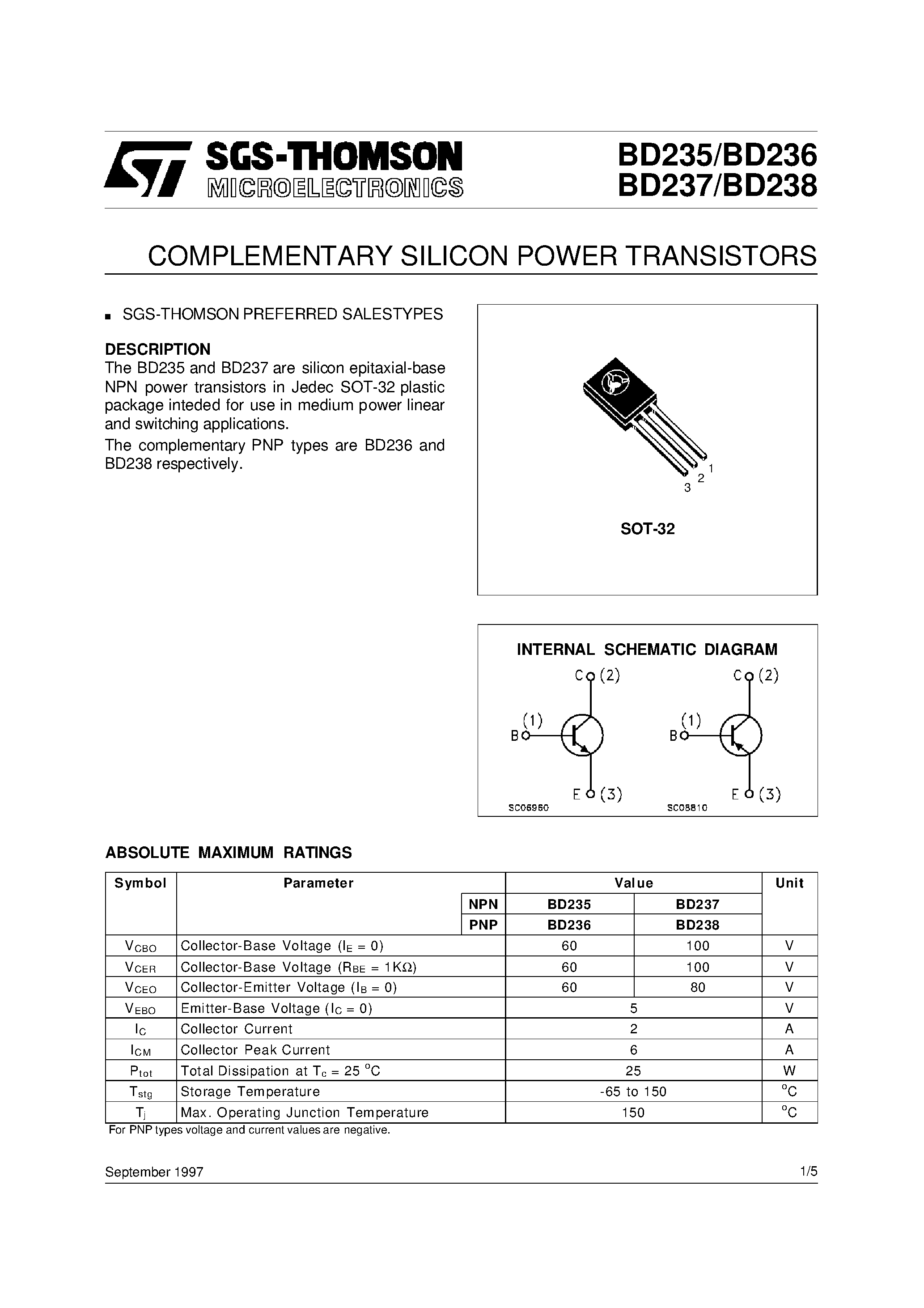 Даташит BD238 - COMPLEMENTARY SILICON POWER TRANSISTORS страница 1