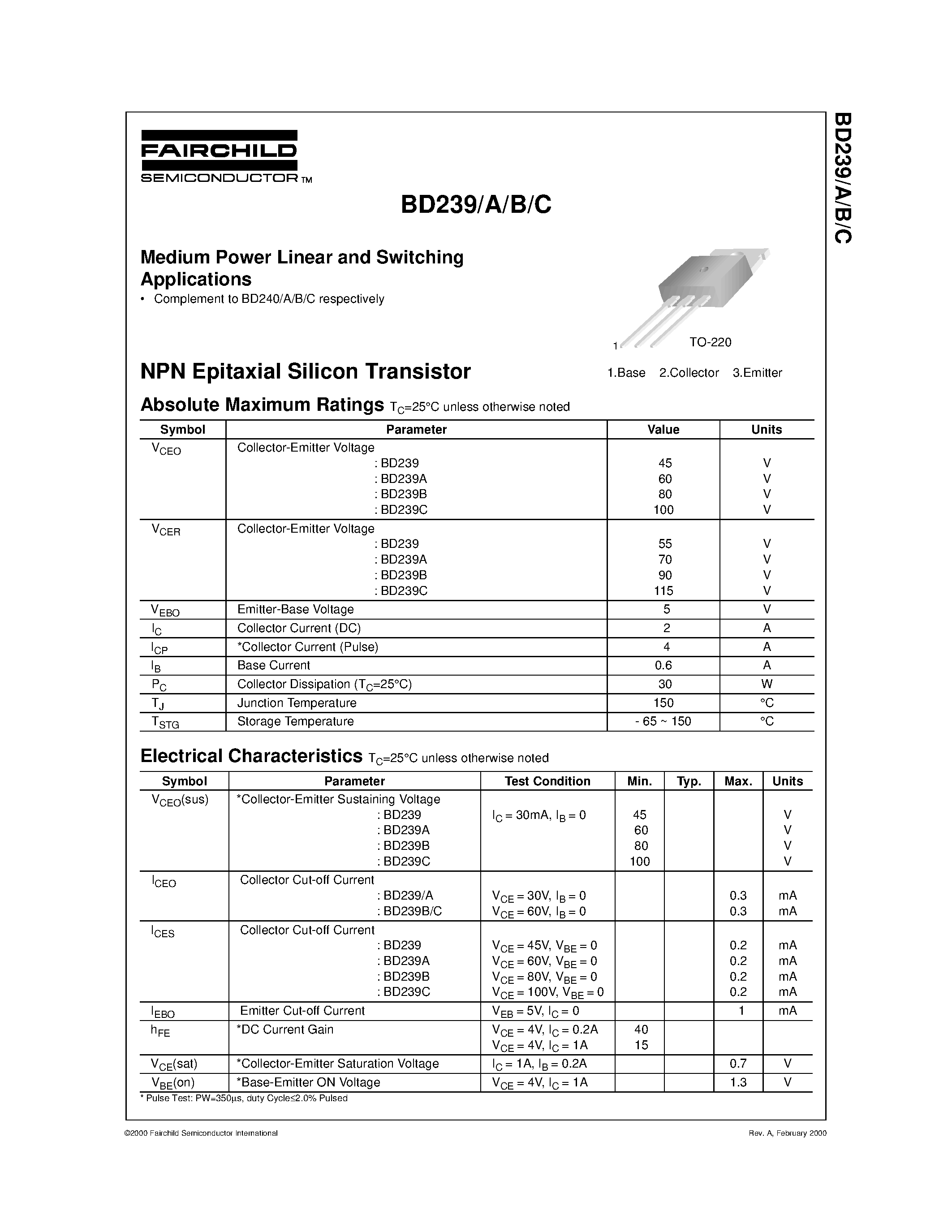 Даташит на микросхему BD239B страница 1 Даташит BD239B - Medium Power Linear and Switching Applications страница 1