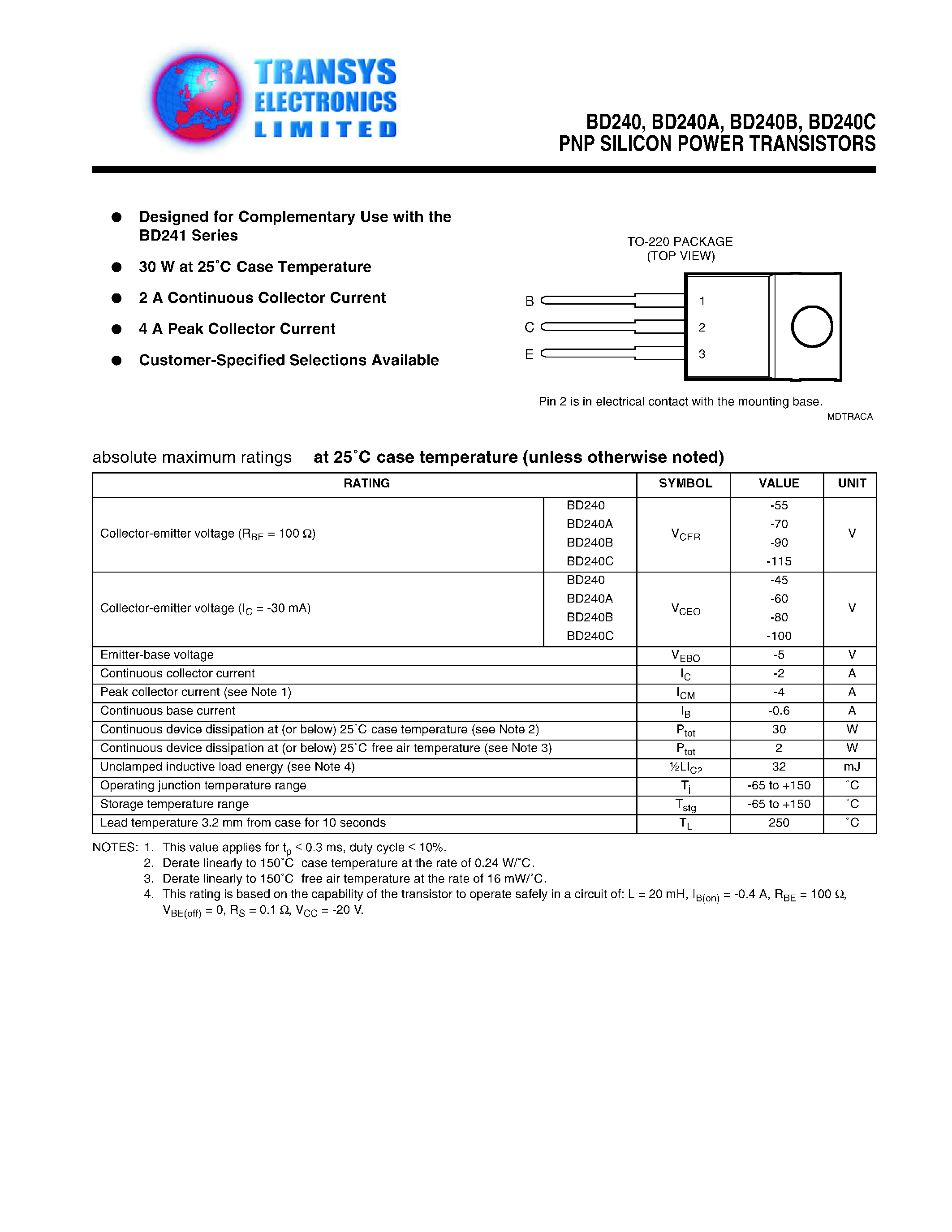 Даташит BD240C - PNP SILICON POWER TRANSISTORS страница 1