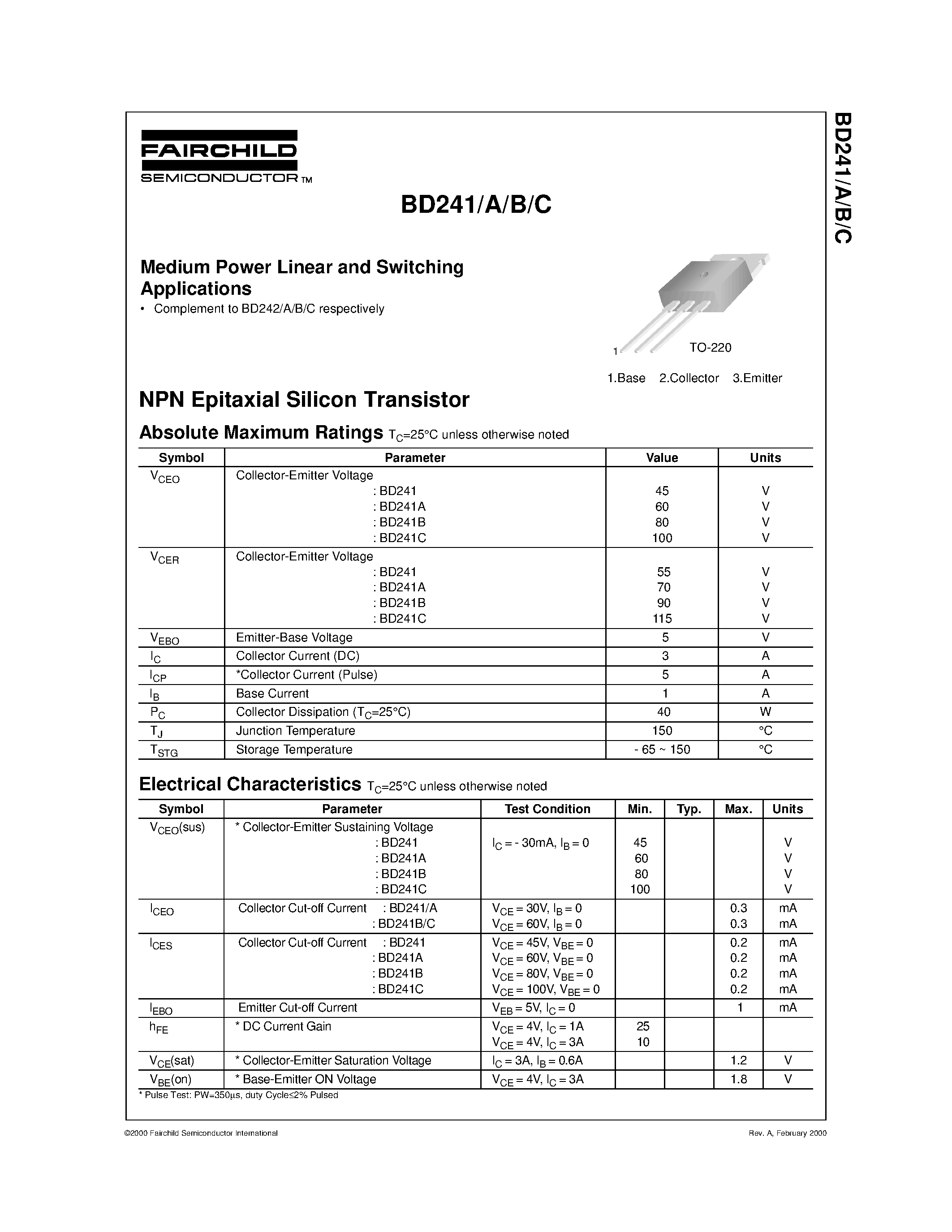 Даташит на микросхему BD241 страница 1 Даташит BD241 - Medium Power Linear and Switching Applications страница 1