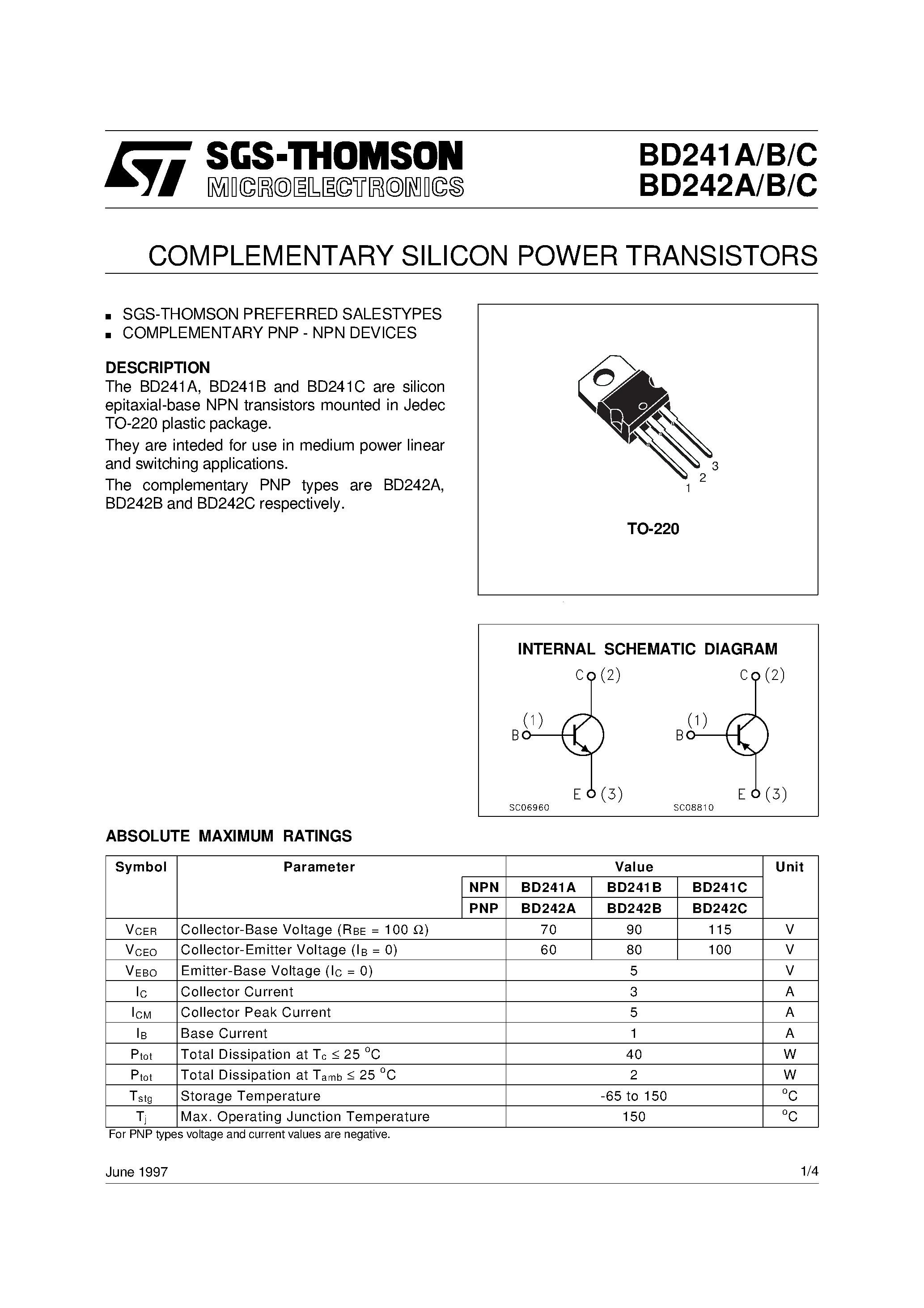 Даташит BD241A - COMPLEMENTARY SILICON POWER TRANSISTORS страница 1