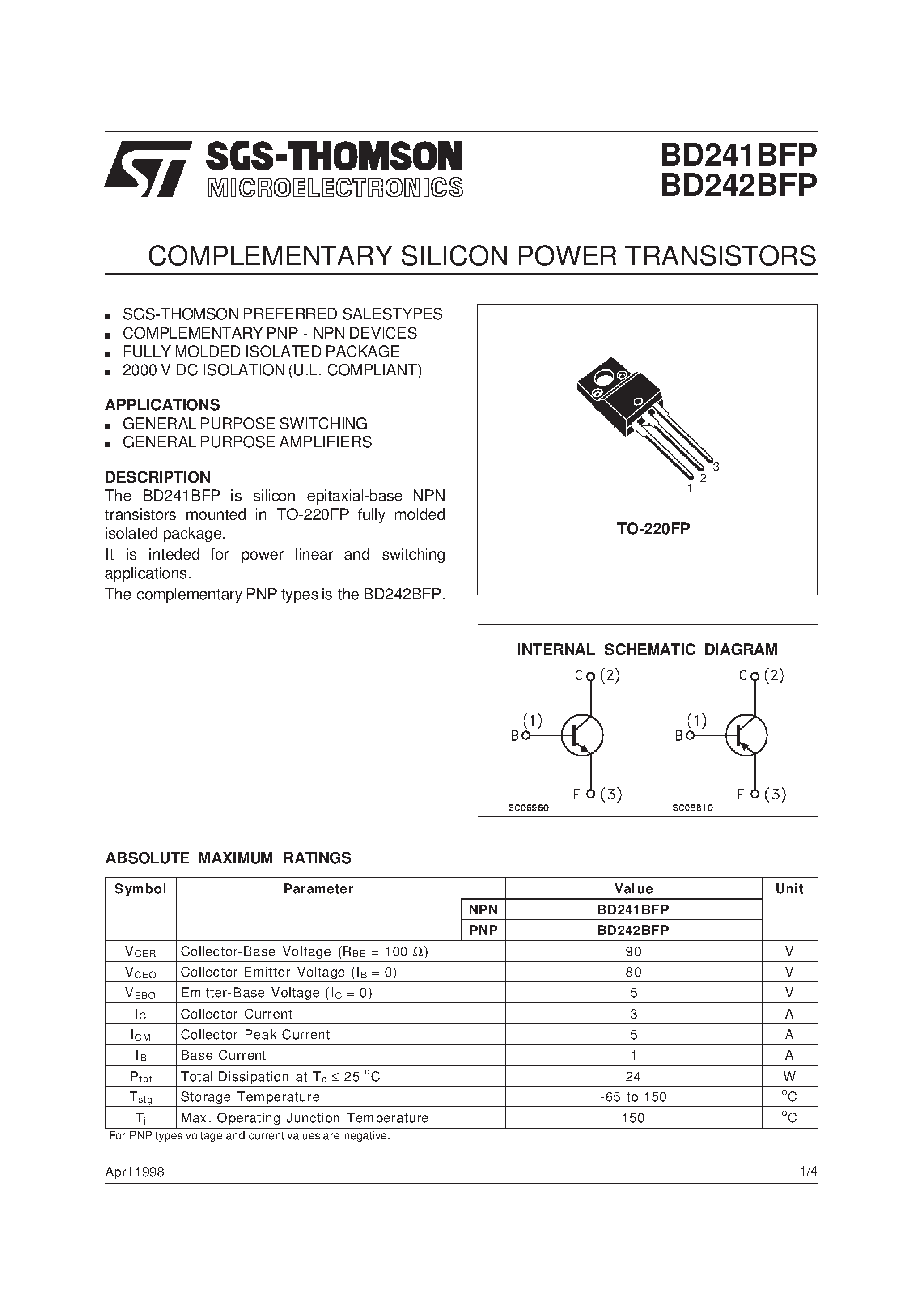 Даташит BD241BFP - COMPLEMENTARY SILICON POWER TRANSISTORS страница 1