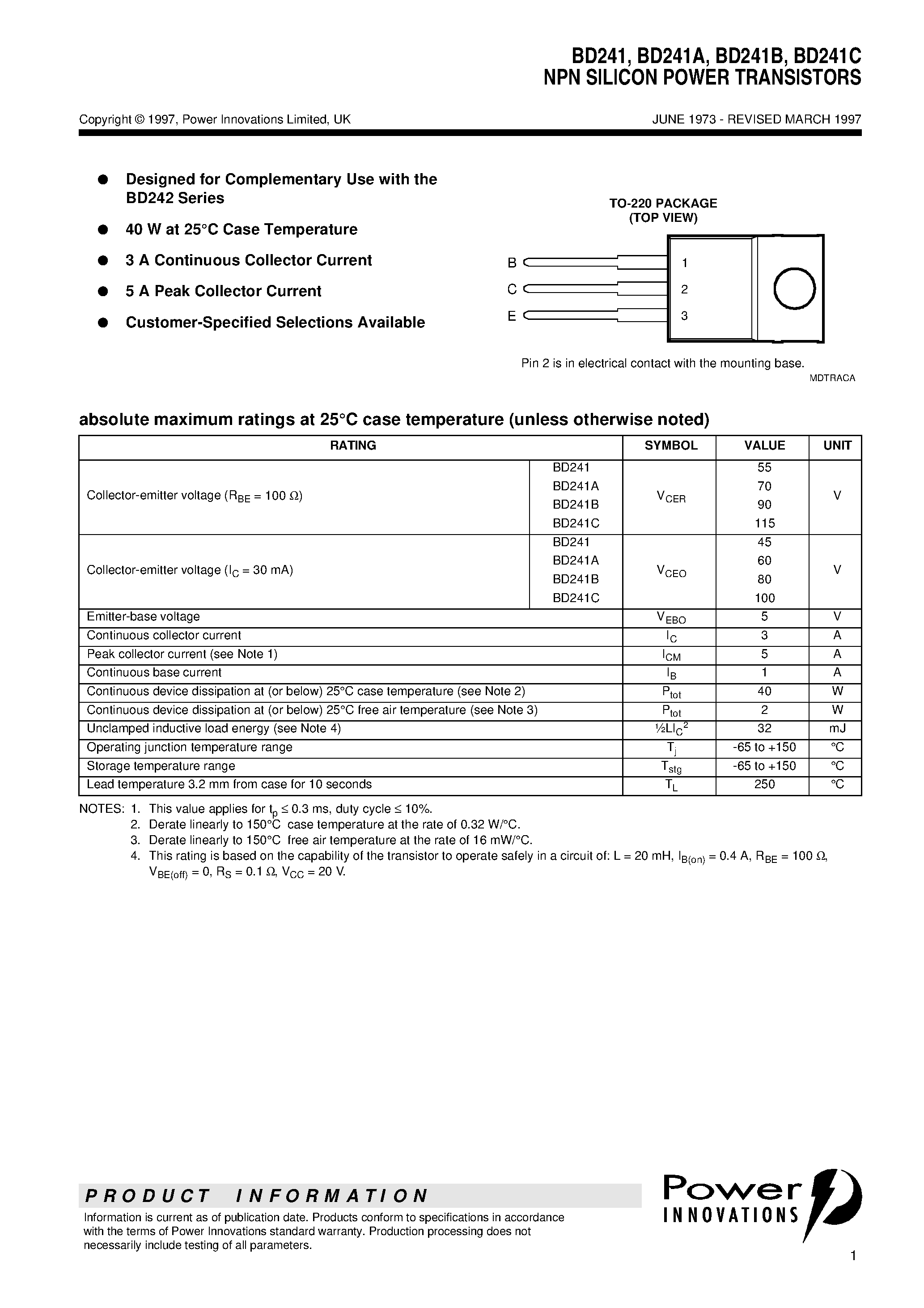 Даташит BD241C - NPN SILICON POWER TRANSISTORS страница 1